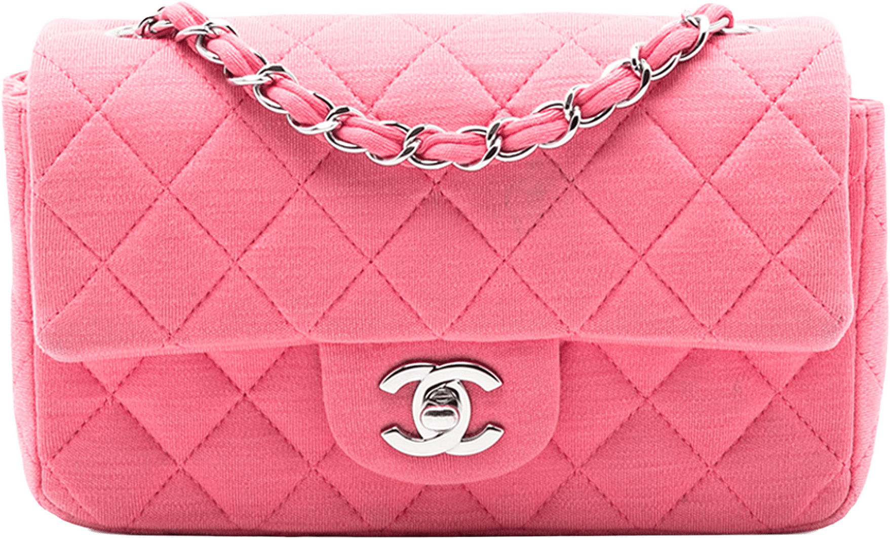 Chanel Mini Rectangular Classic Jersey Single Flap, från Luxclusif, i färgen pink.