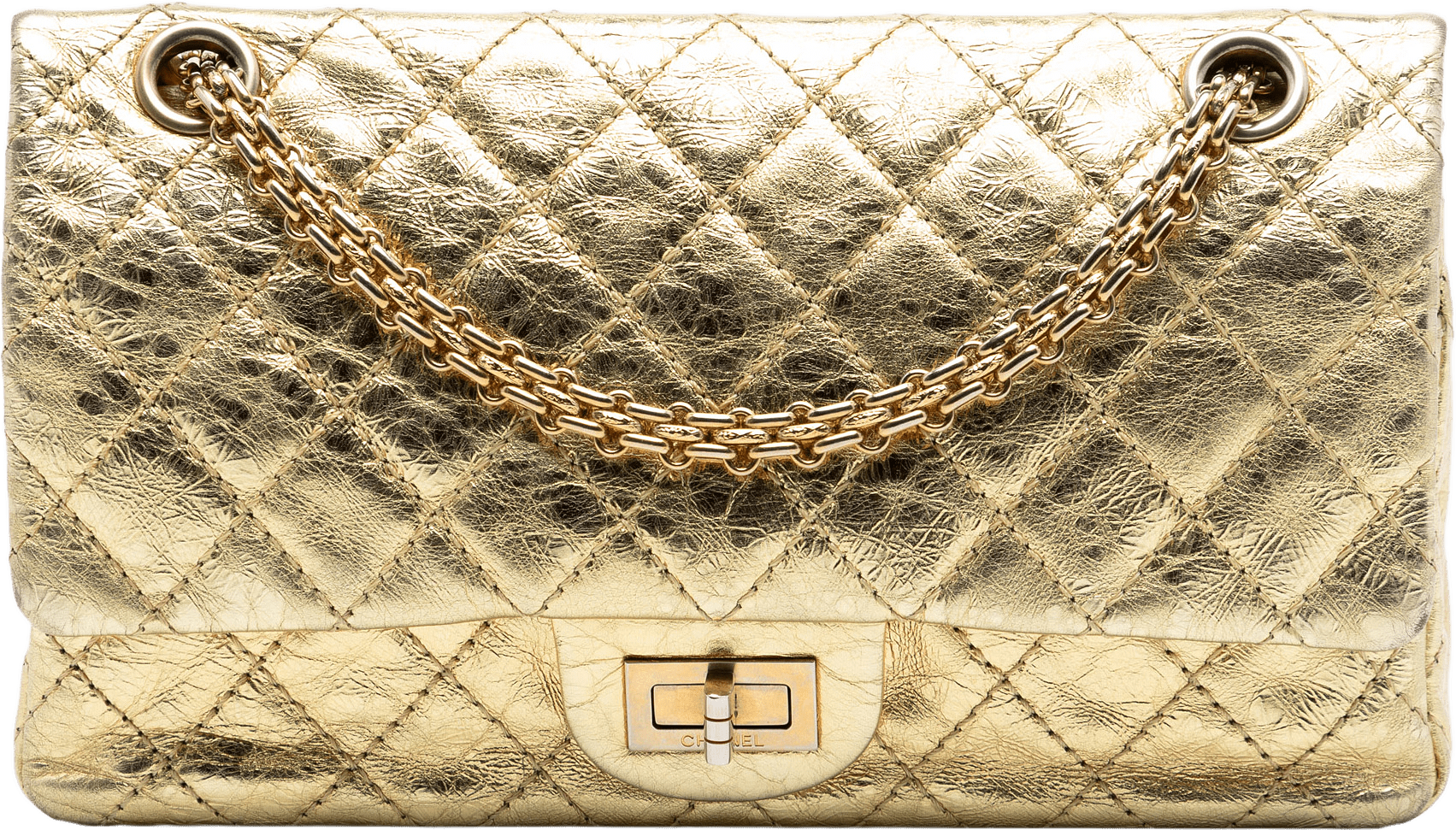 Chanel Quilted Metallic Aged Calfskin Reissue 2.55 Double Flap 225, från Luxclusif, i färgen gold.
