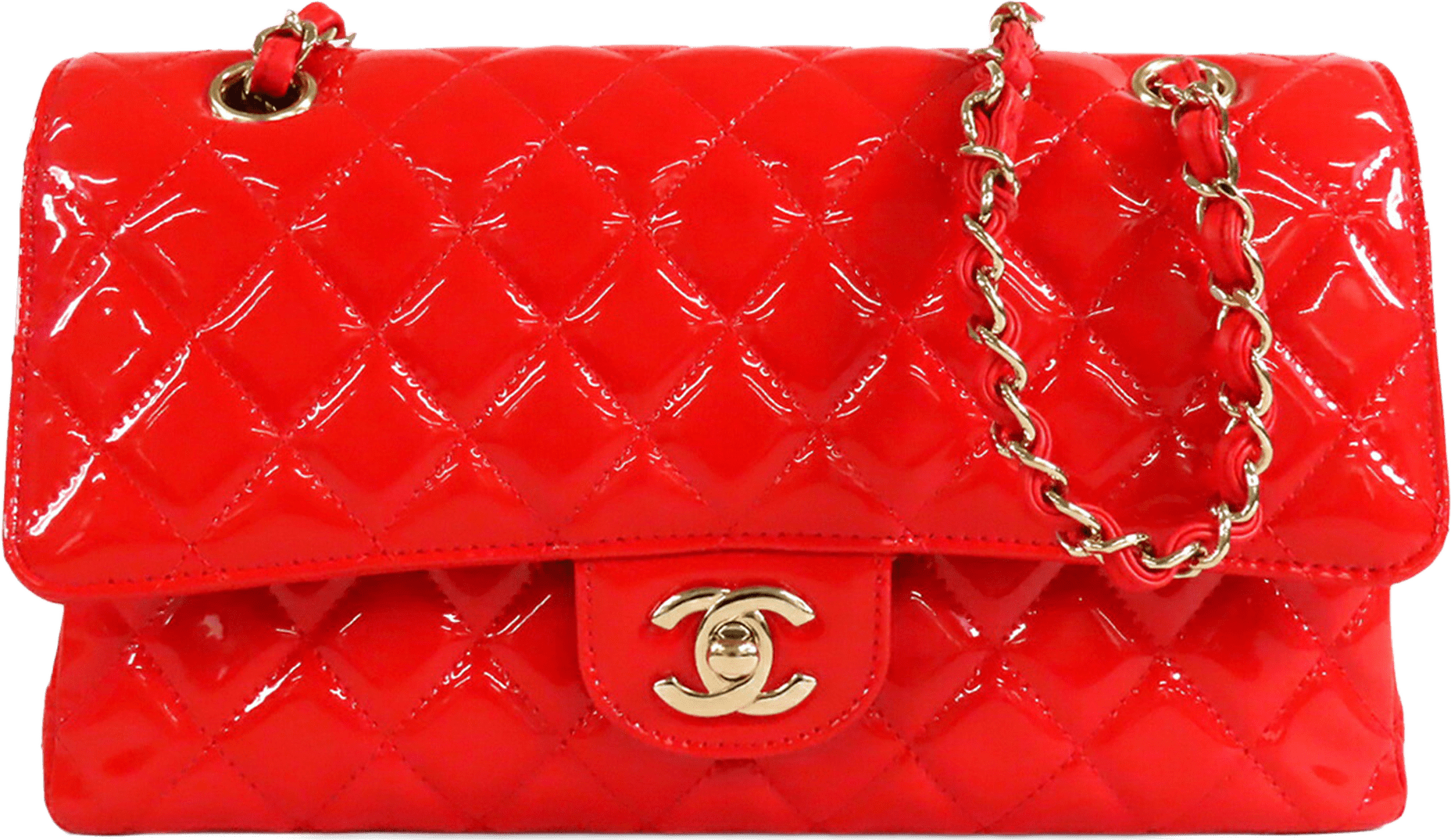 Chanel Medium Classic Patent Double Flap, från Luxclusif, i färgen red.