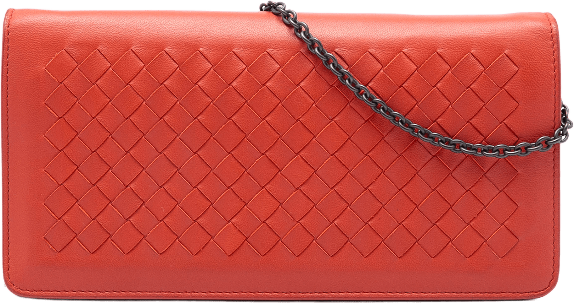 Bottega Veneta Nappa Intrecciato Continental Wallet On Chain, från Luxclusif, i färgen red orange.