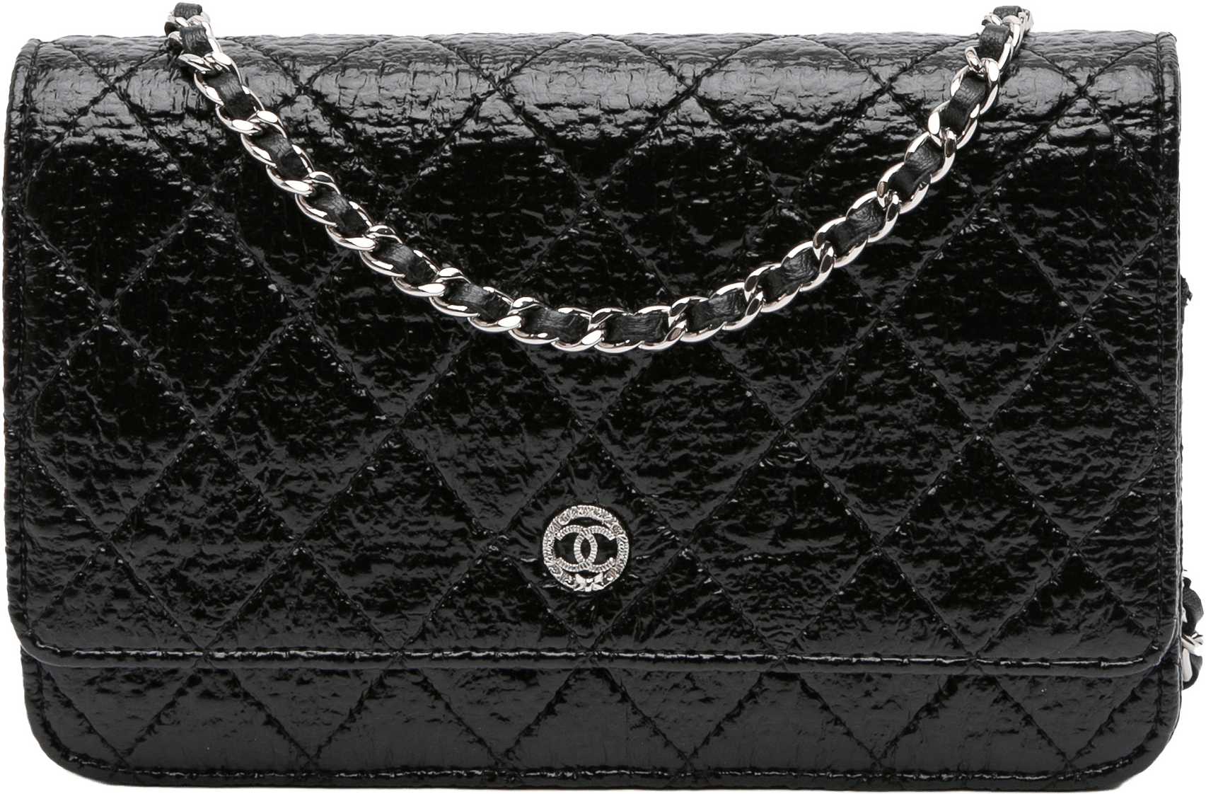 Chanel Cc Quilted Crinkled Patent Wallet On Chain