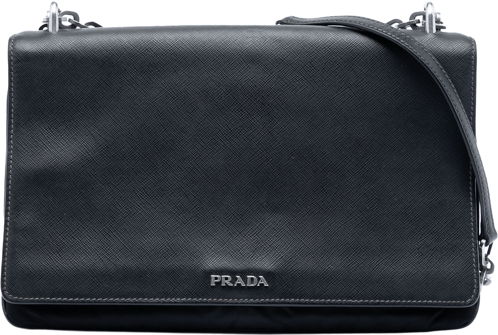 Prada Saffiano Lux And Tessuto Chain Crossbody, från Luxclusif, i färgen black.