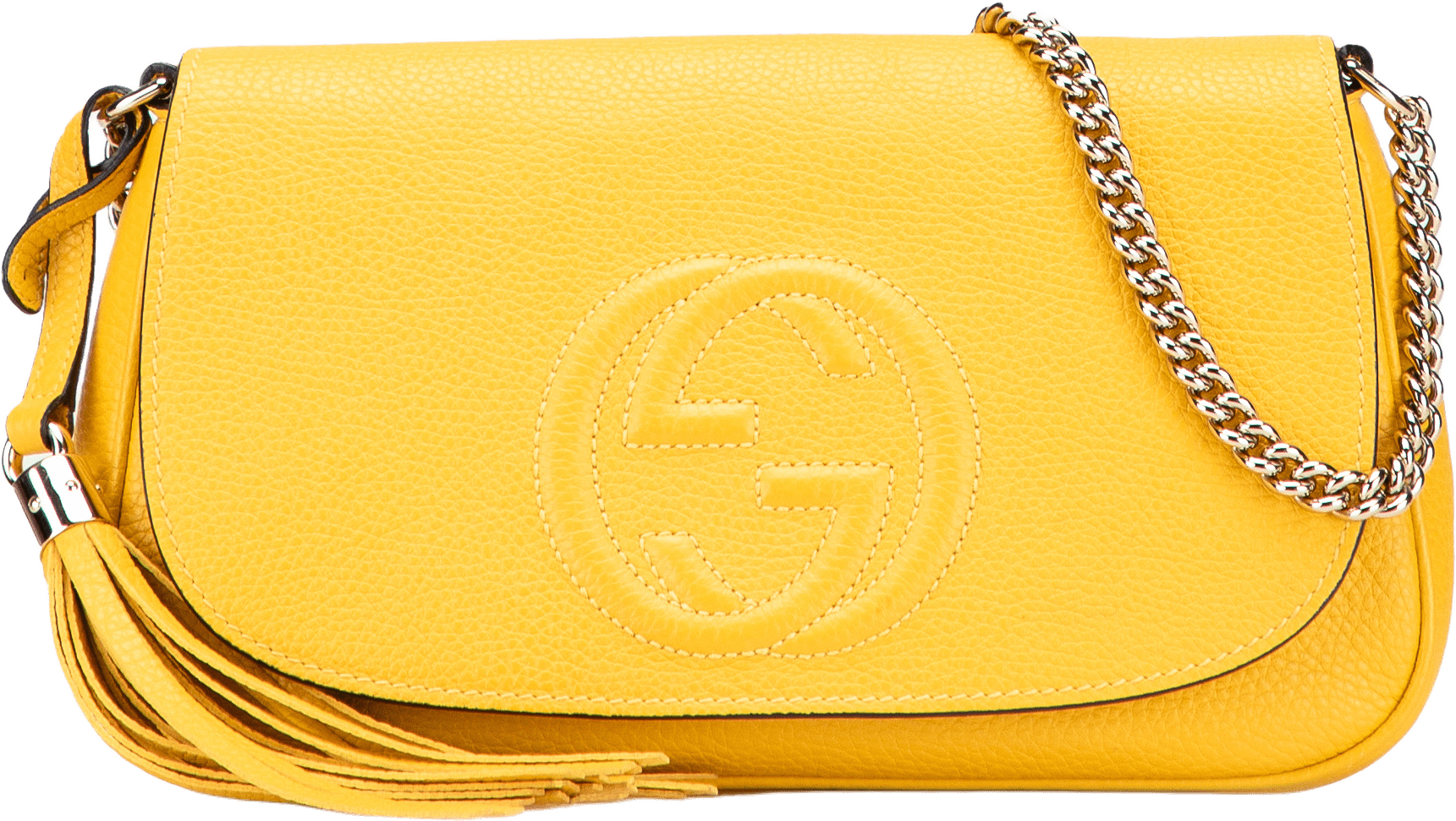 Gucci Medium Leather Soho Chain Flap Crossbody, från Luxclusif, i färgen yellow.