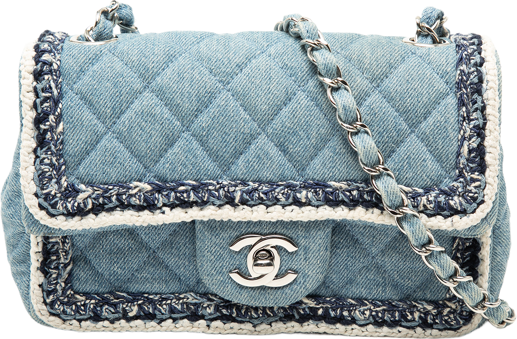 Chanel Mini Rectangular Classic Denim Braided Single Flap, från Luxclusif, i färgen denim.