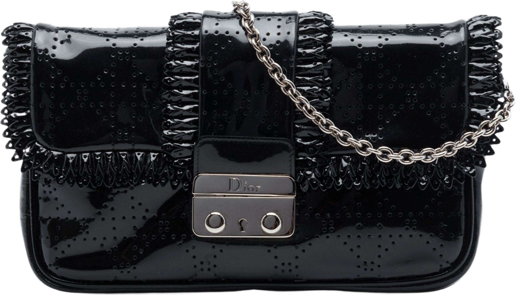 Dior Perforated Patent Cannage New Lock Ruffle Pouch Crossbody, från Luxclusif, i färgen svart.