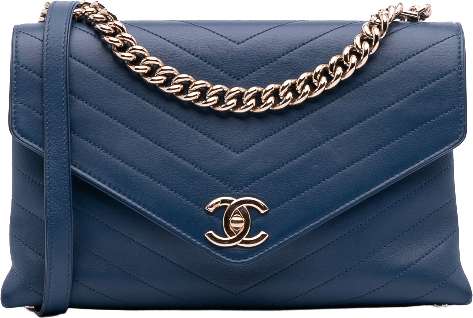 Chanel Medium Calfskin Coco Chevron Envelope Flap, från Luxclusif, i färgen navy.