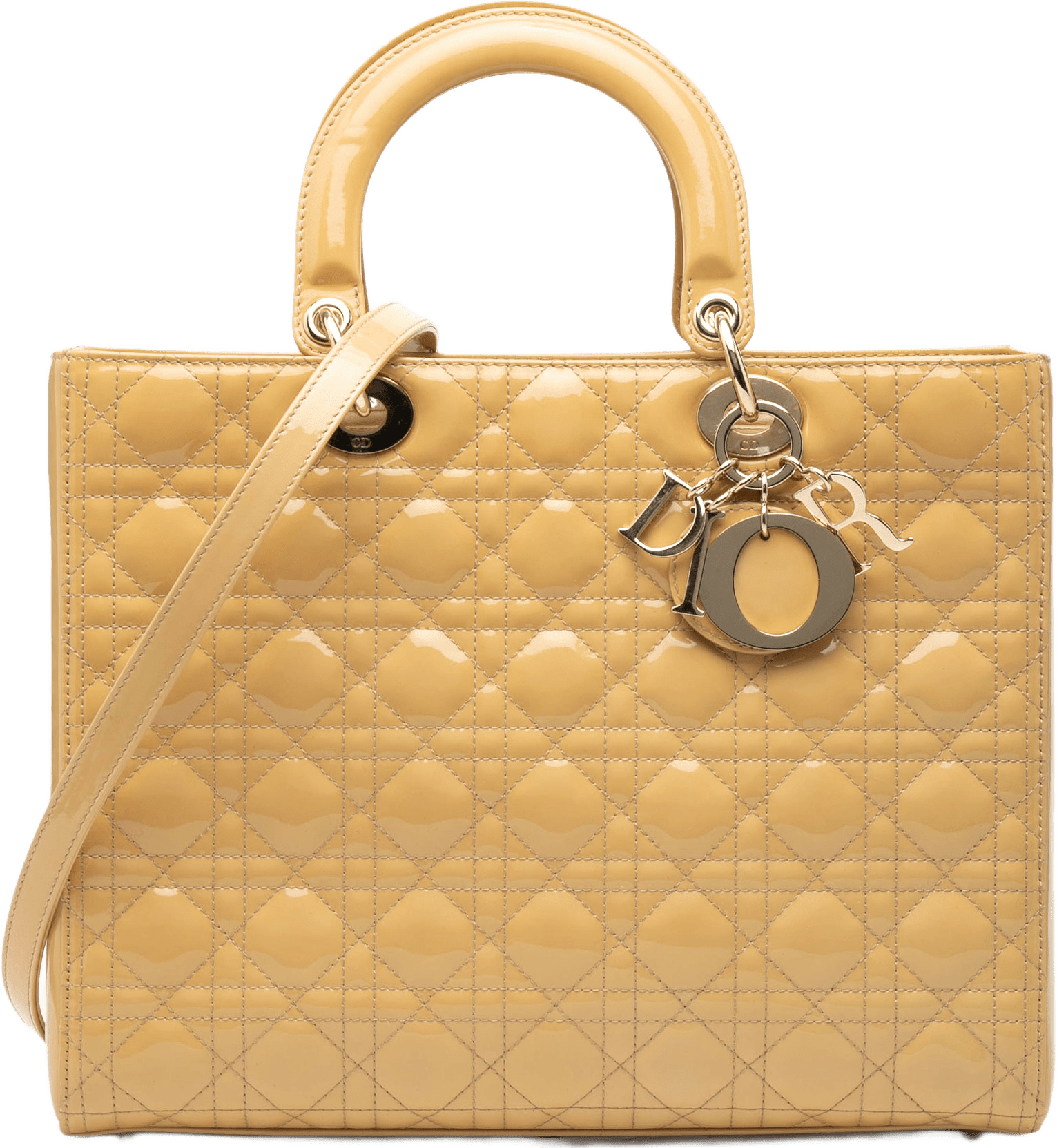 Dior Large Patent Cannage Lady Dior, från Luxclusif, i färgen beige.