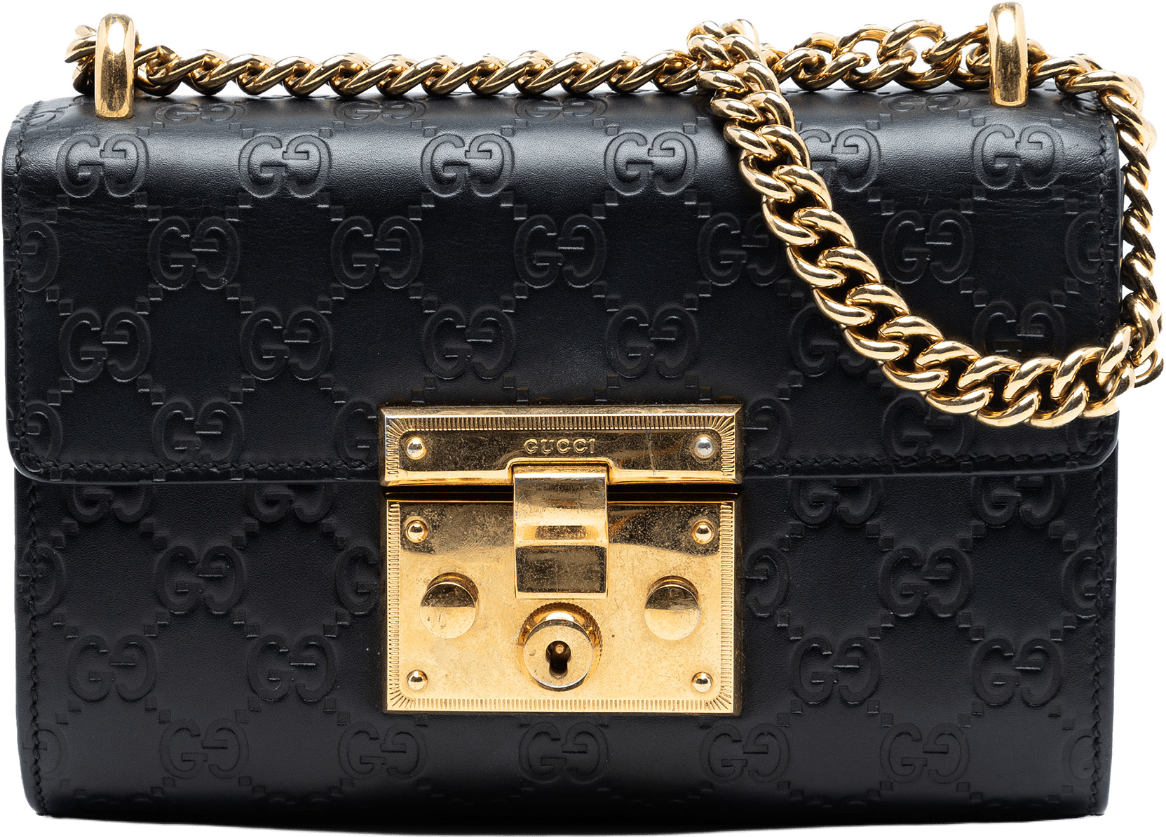 Gucci Small Guccissima Padlock Crossbody, från Luxclusif, i färgen black.