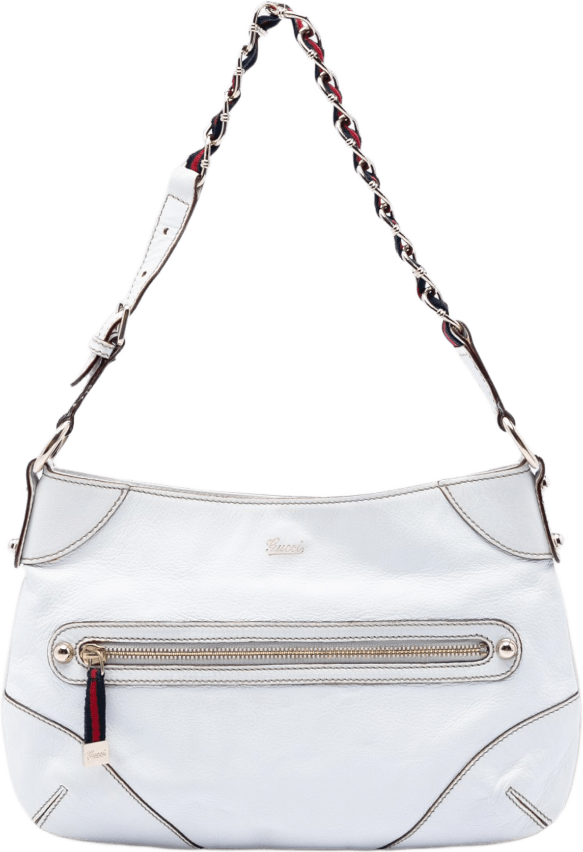 Gucci Calfskin Web Capri Ranch Kid Shoulder Bag, från Luxclusif, i färgen white.
