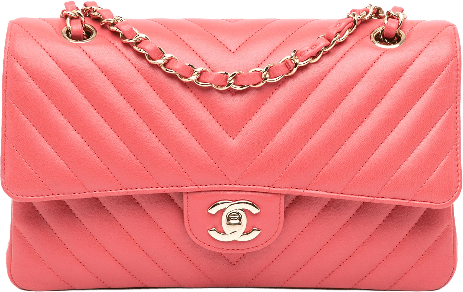 Chanel Medium Classic Chevron Lambskin Double Flap, från Luxclusif, i färgen blush.