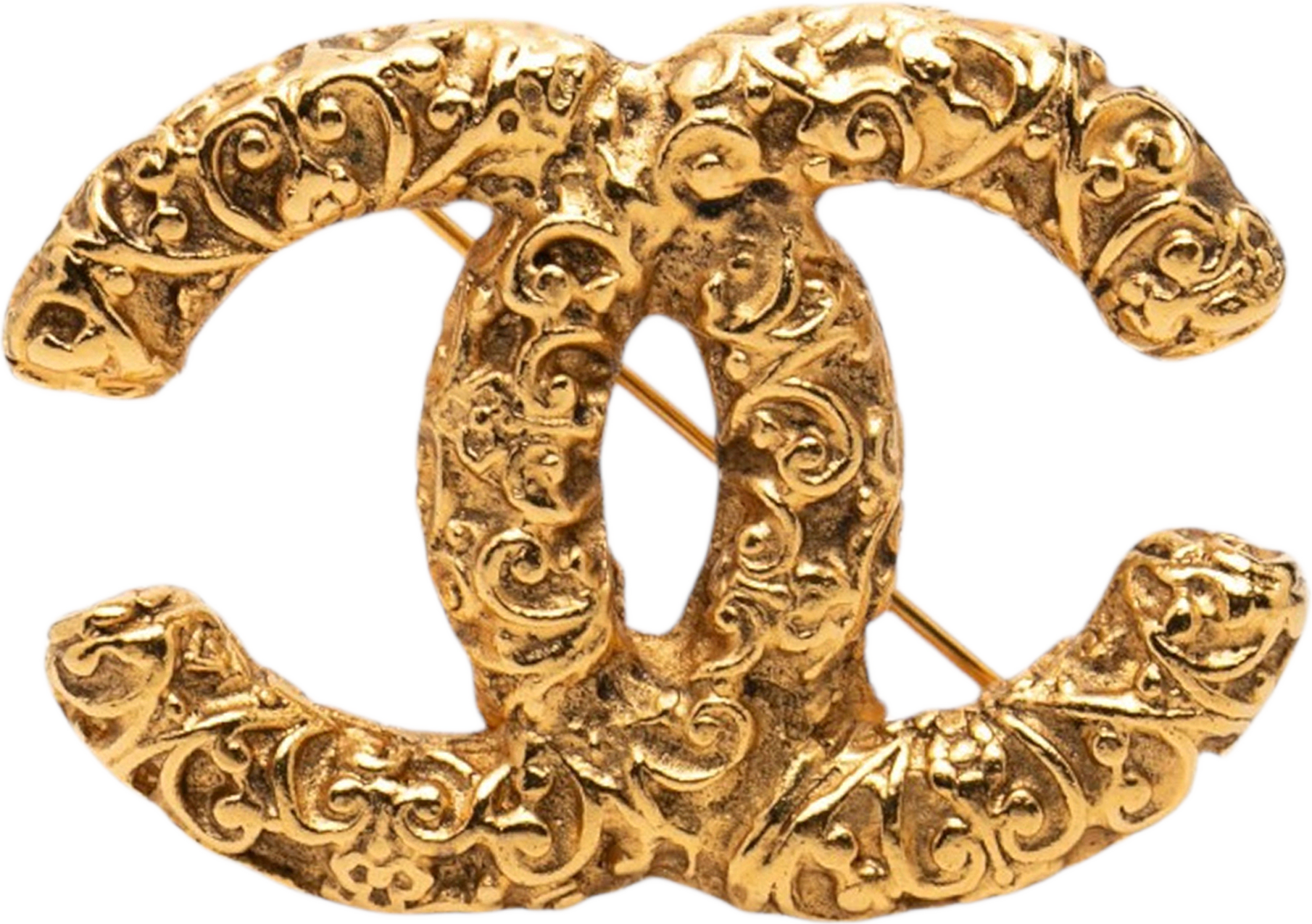 Chanel Cc Gold Plated Baroque Embossed Brooch, från Luxclusif, i färgen gold.