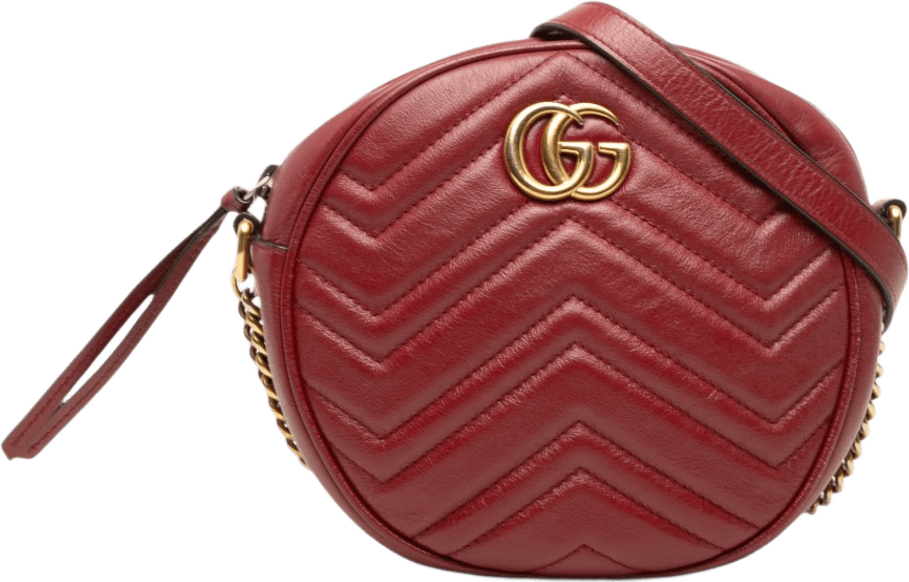 Gucci Mini Gg Marmont Matelasse Leather Round Crossbody, från Luxclusif, i färgen red.
