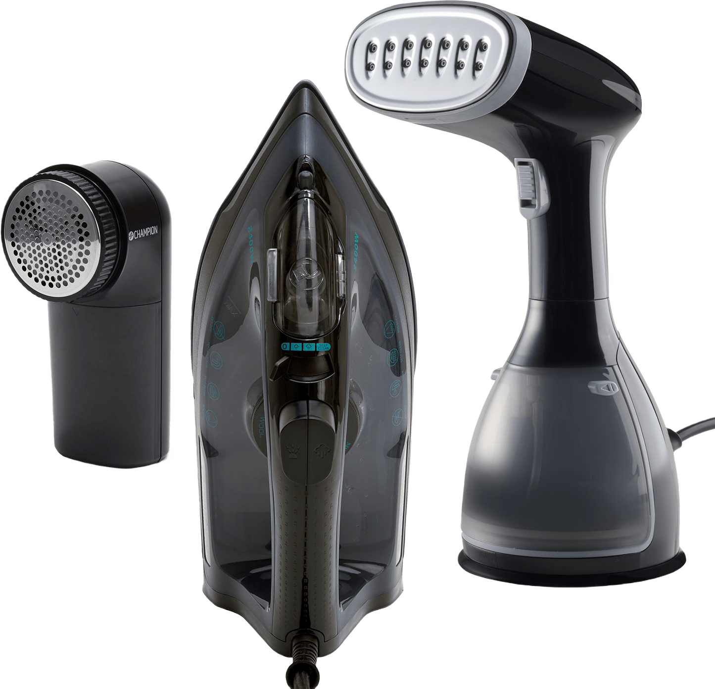 Klädvårdspaket (strykjärn + Steamer + Noppborttagare), från Champion Nordic, i färgen svart.