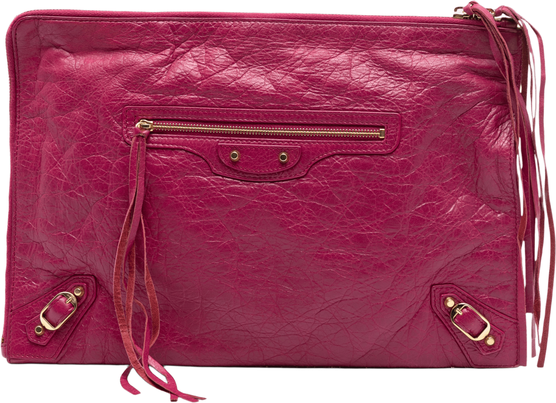 Balenciaga Lambskin Motocross Giant 12 Zip Around Flat Clutch, från Luxclusif, i färgen dark pink.