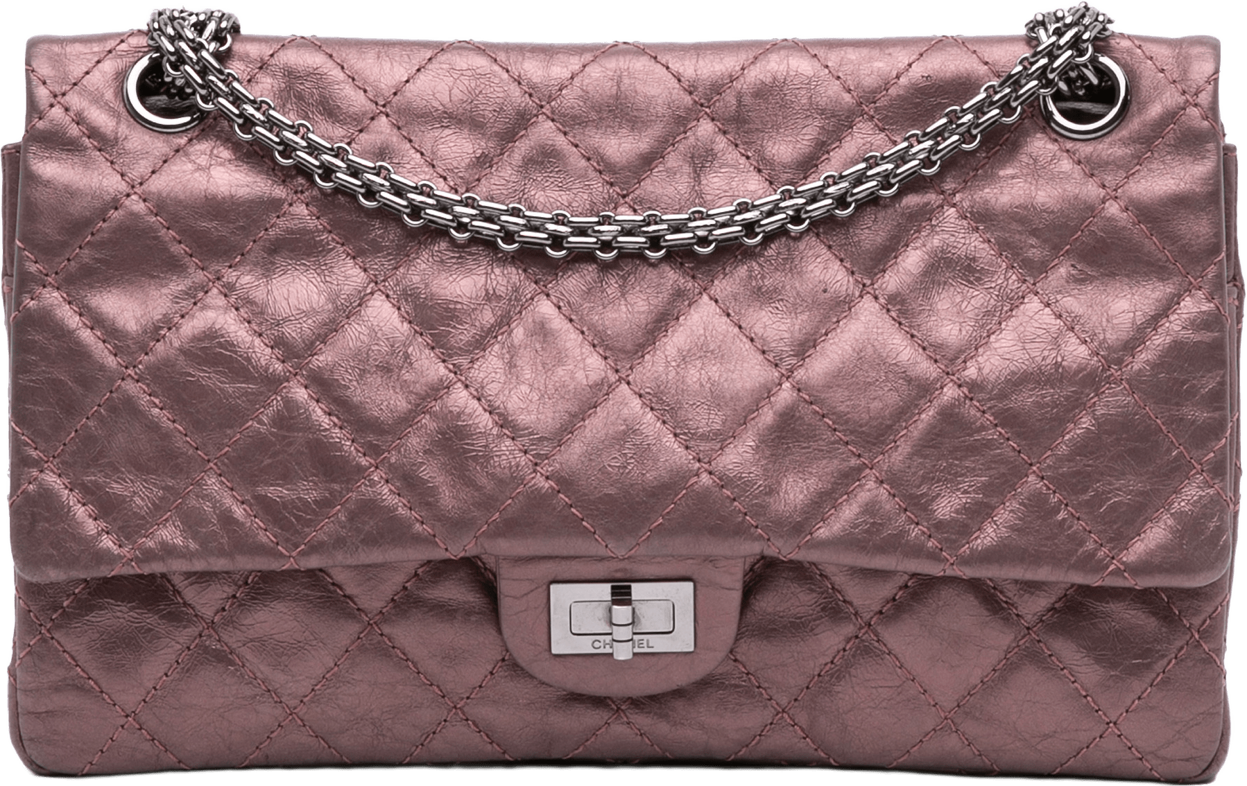 Chanel Reissue 2.55 Aged Metallic Calfskin Double Flap 226, från Luxclusif, i färgen pink.