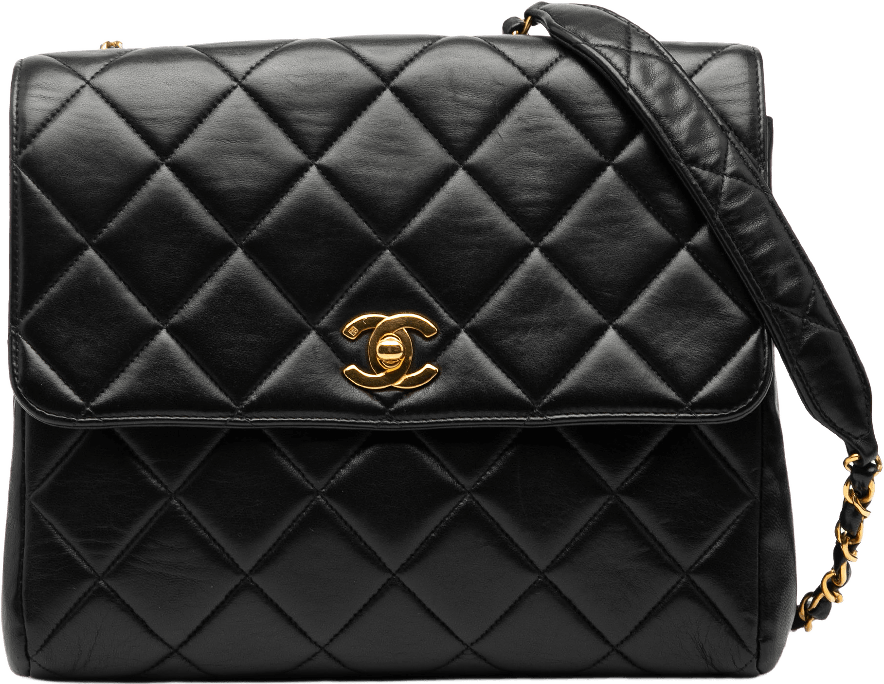 Chanel Small Square Lambskin Straight Single Flap, från Luxclusif, i färgen black.