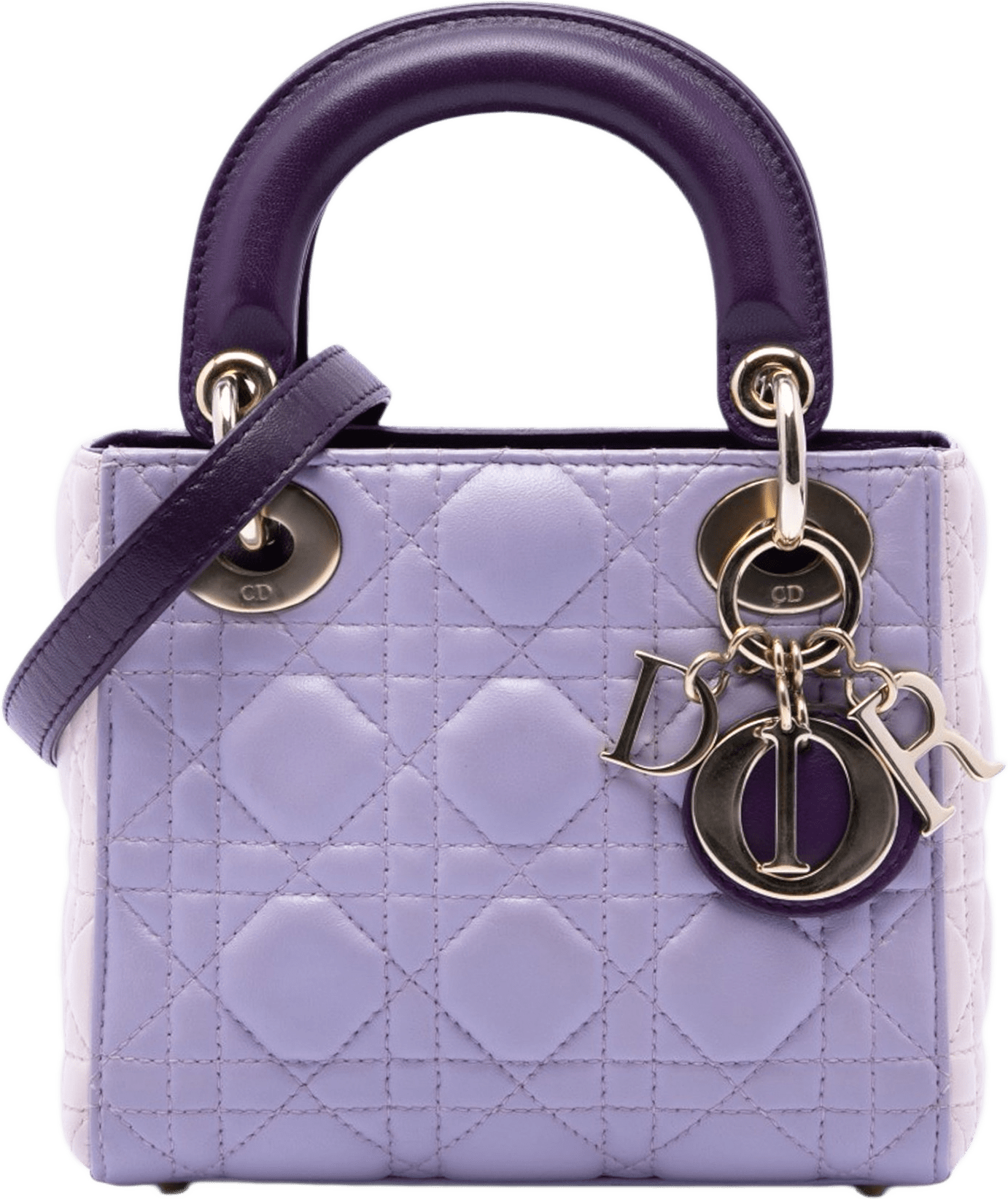 Dior Mini Tricolor Lambskin Cannage Lady Dior, från Luxclusif, i färgen light purple.
