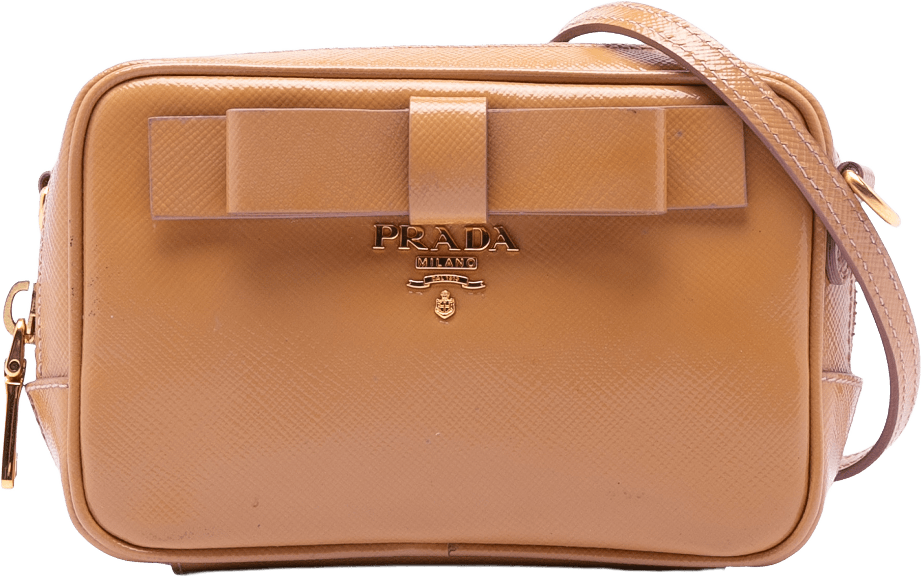 Prada Saffiano Vernice Bow Camera Bag, från Luxclusif, i färgen brown.