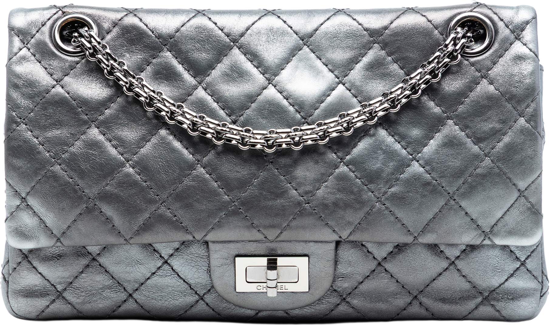 Chanel Quilted Aged Calfskin Reissue 2.55 Double Flap 225 With Pouch, från Luxclusif, i färgen silver.
