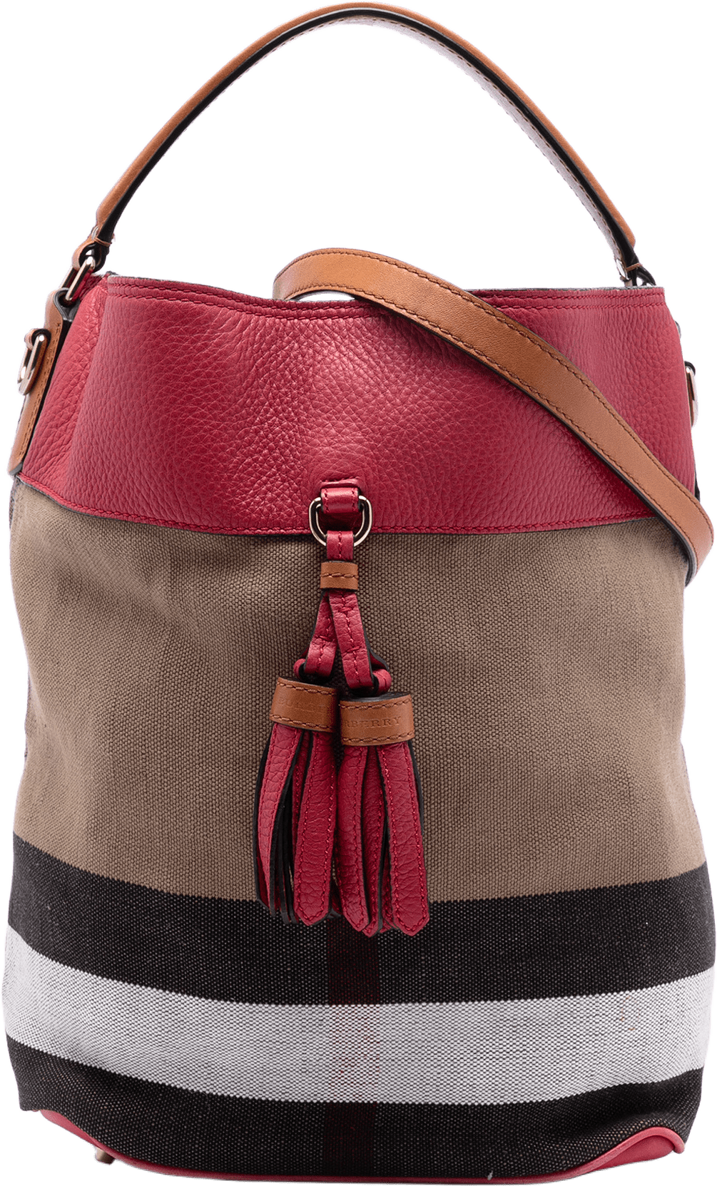 Burberry Medium Mega Check Canvas And Grained Calfskin Ashby Tassel Bucket Bag, från Luxclusif, i färgen light brown.