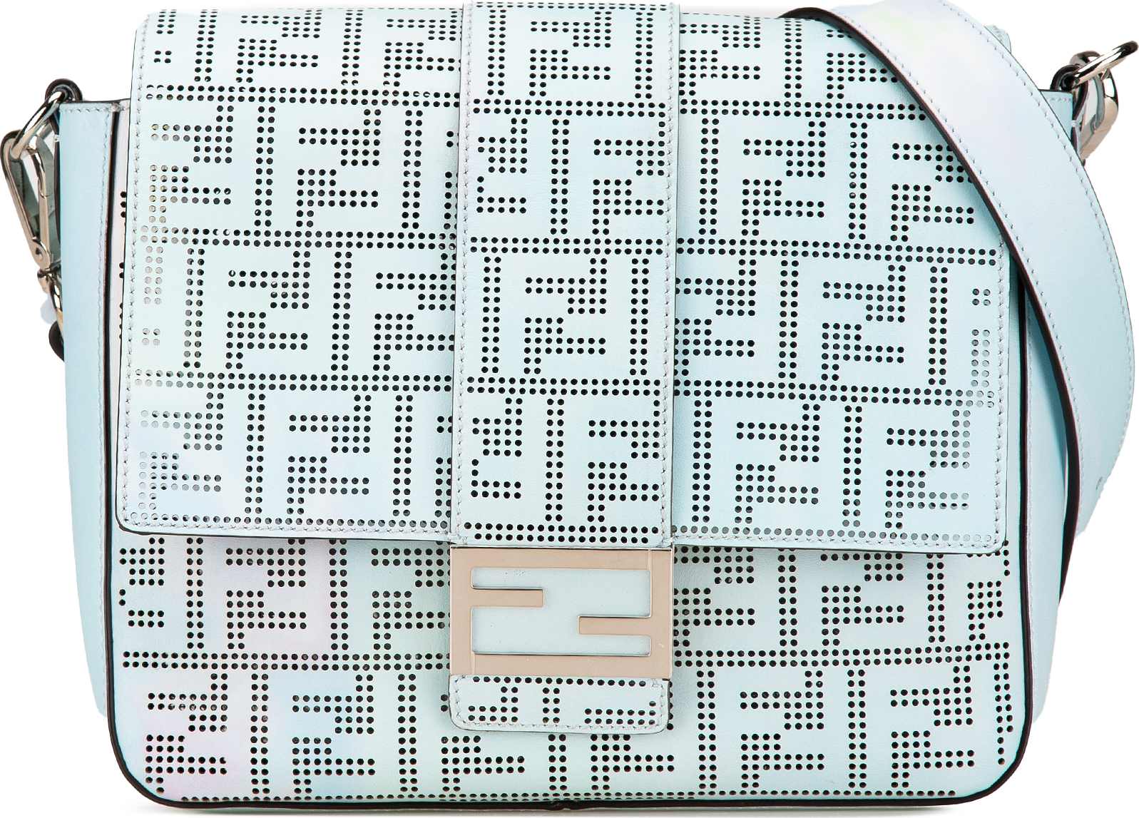 Fendi Medium Zucca Perforated Leather Baguette Messenger Bag, från Luxclusif, i färgen light blue.
