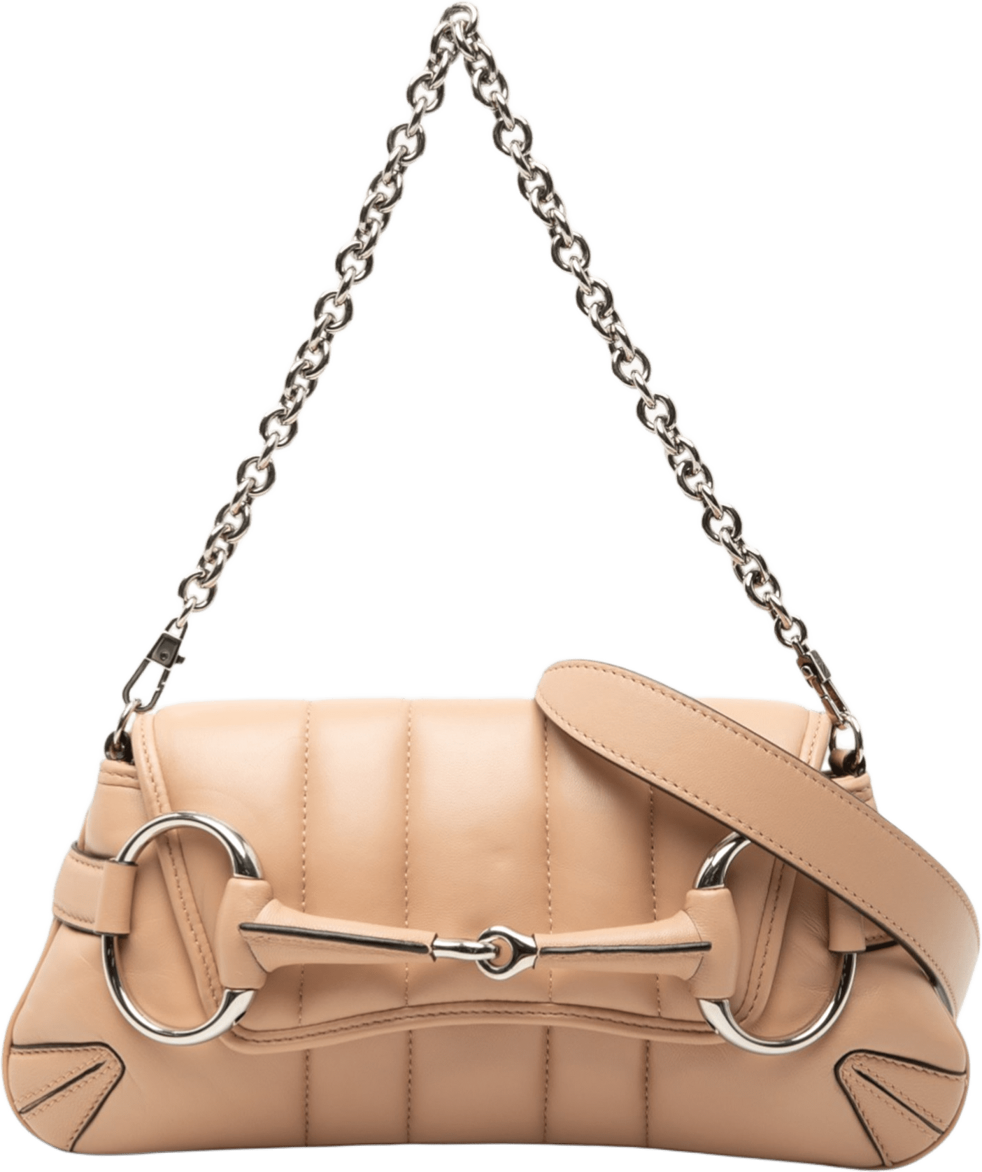 Gucci Small Quilted Calfskin Horsebit Chain Satchel, från Luxclusif, i färgen beige.