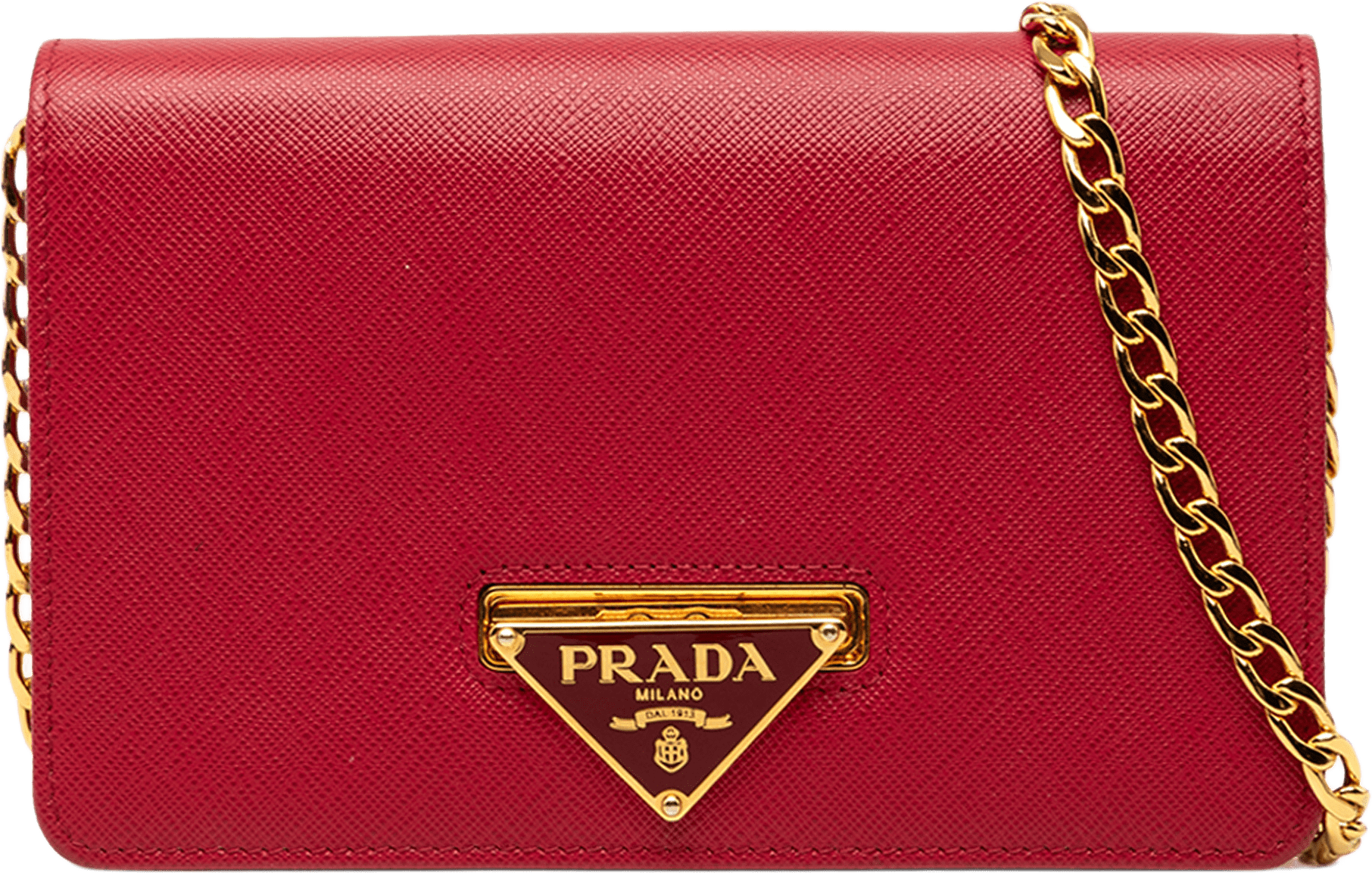 Prada Saffiano Lux Flip Lock Wallet On Chain, från Luxclusif, i färgen röd.