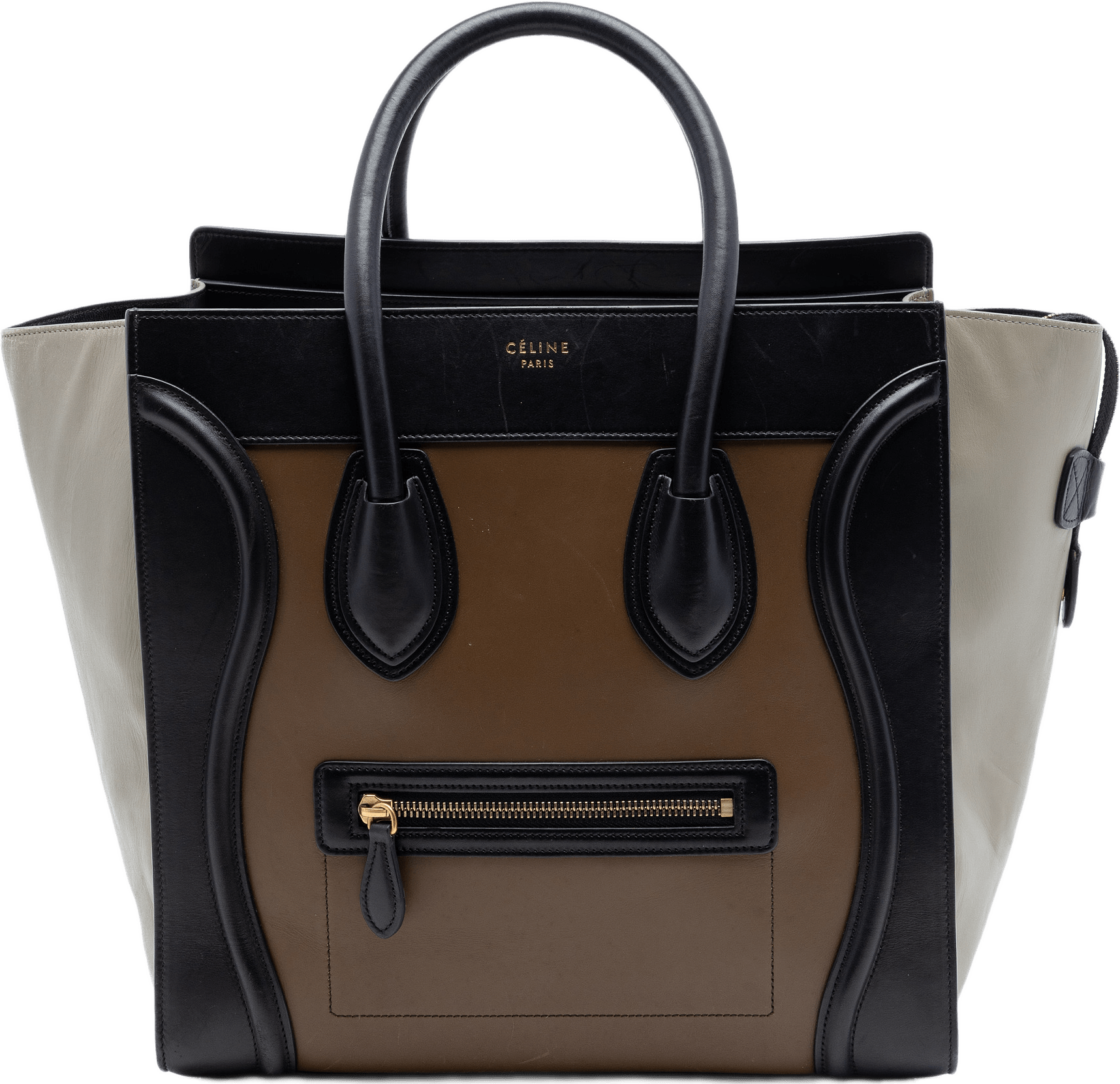 Celine Mini Tricolor Calfskin Luggage Tote, från Luxclusif, i färgen brun.