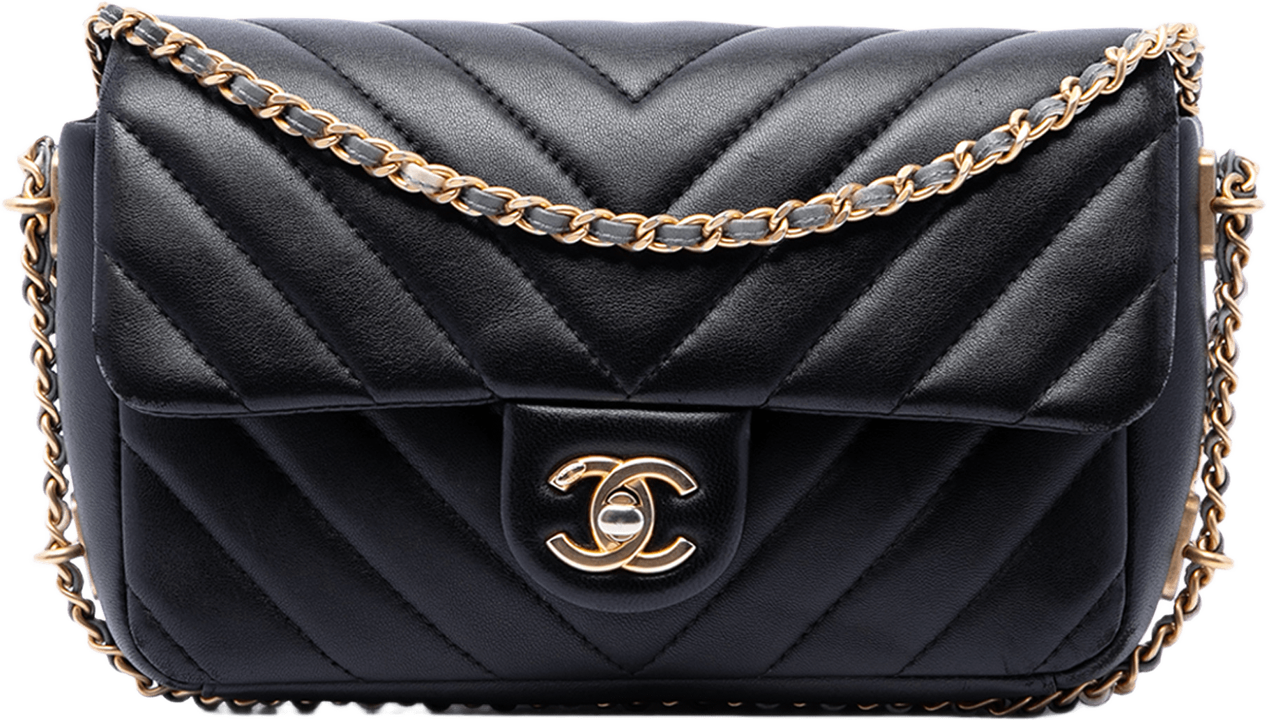Chanel Mini Rectangular Chevron Lambskin Chain Around Flap, från Luxclusif, i färgen svart.
