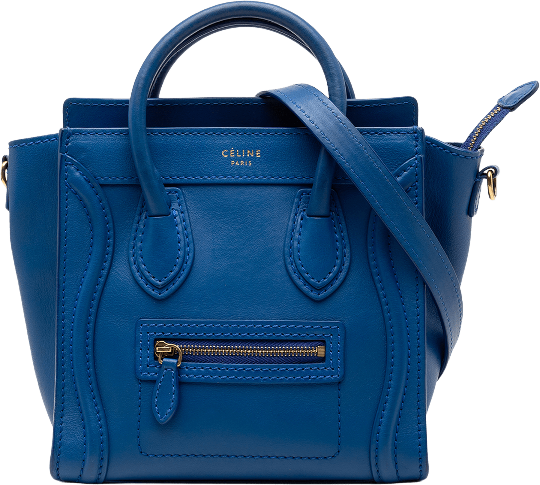 Celine Nano Leather Luggage Tote, från Luxclusif, i färgen blue.