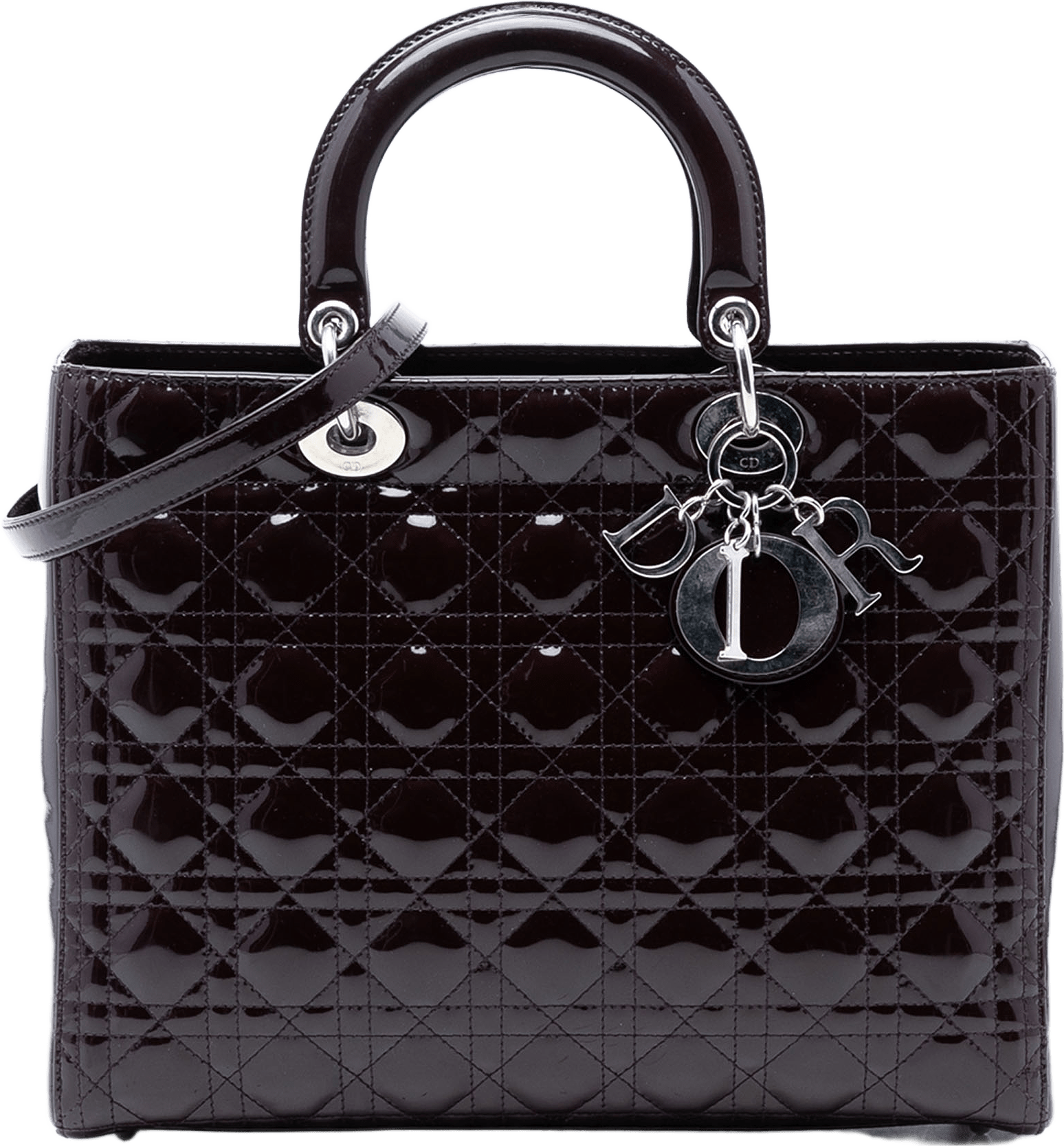 Dior Large Patent Cannage Lady Dior, från Luxclusif, i färgen plum.