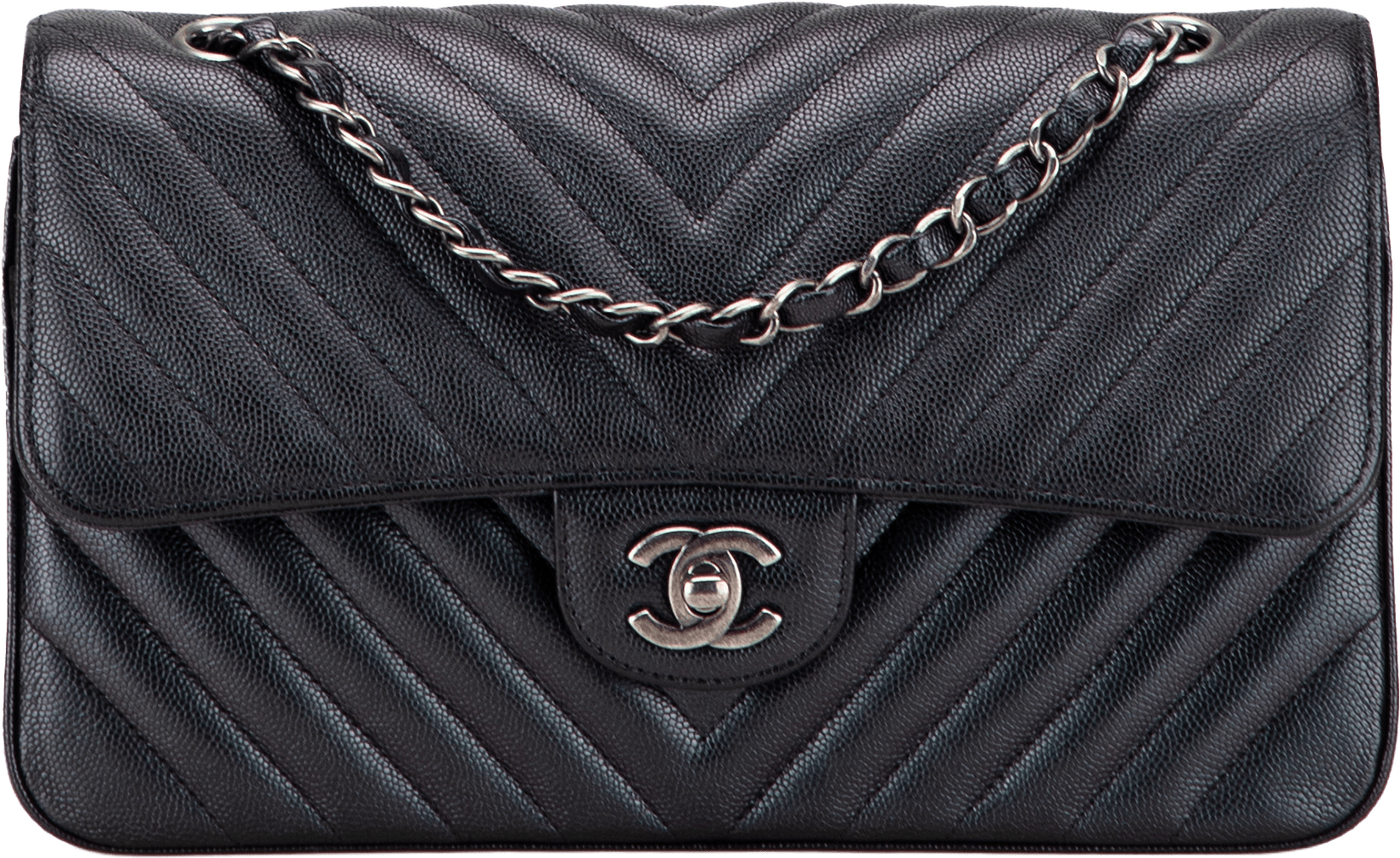 Chanel Medium Classic Chevron Caviar Double Flap, från Luxclusif, i färgen black.