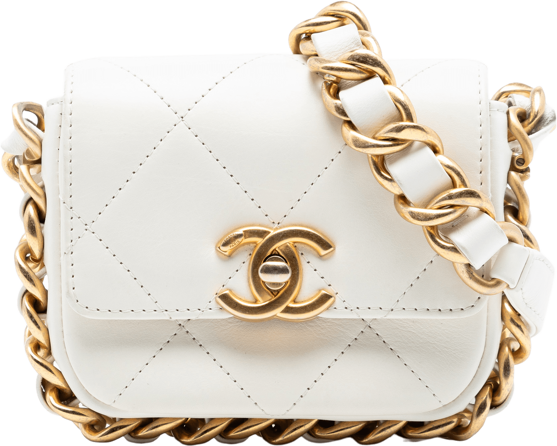 Chanel Mini Quilted Calfskin Framing Chain Flap, från Luxclusif, i färgen ivory.