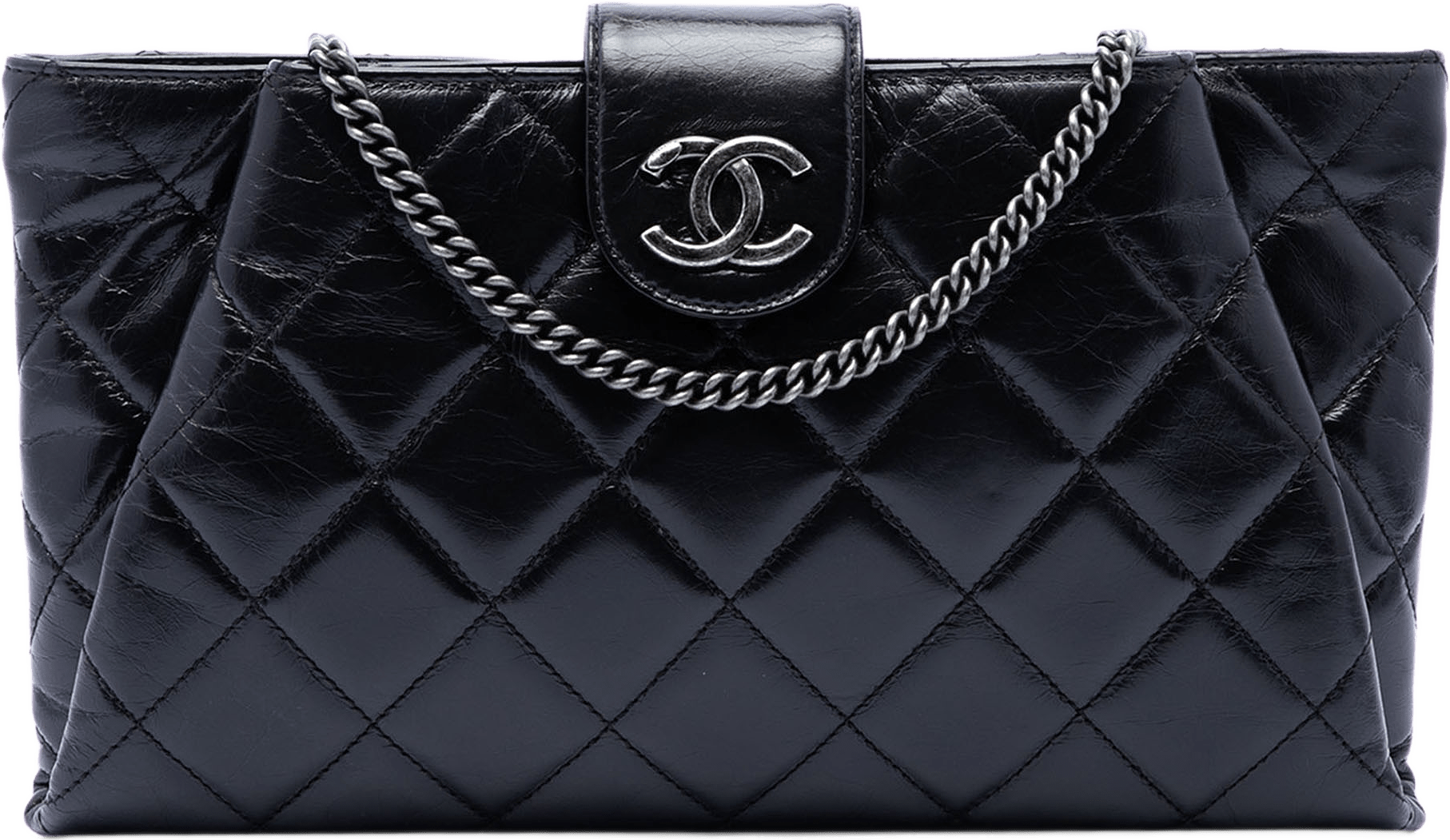 Chanel Quilted Glazed Calfskin Coco Pleats Chain Clutch, från Luxclusif, i färgen black.