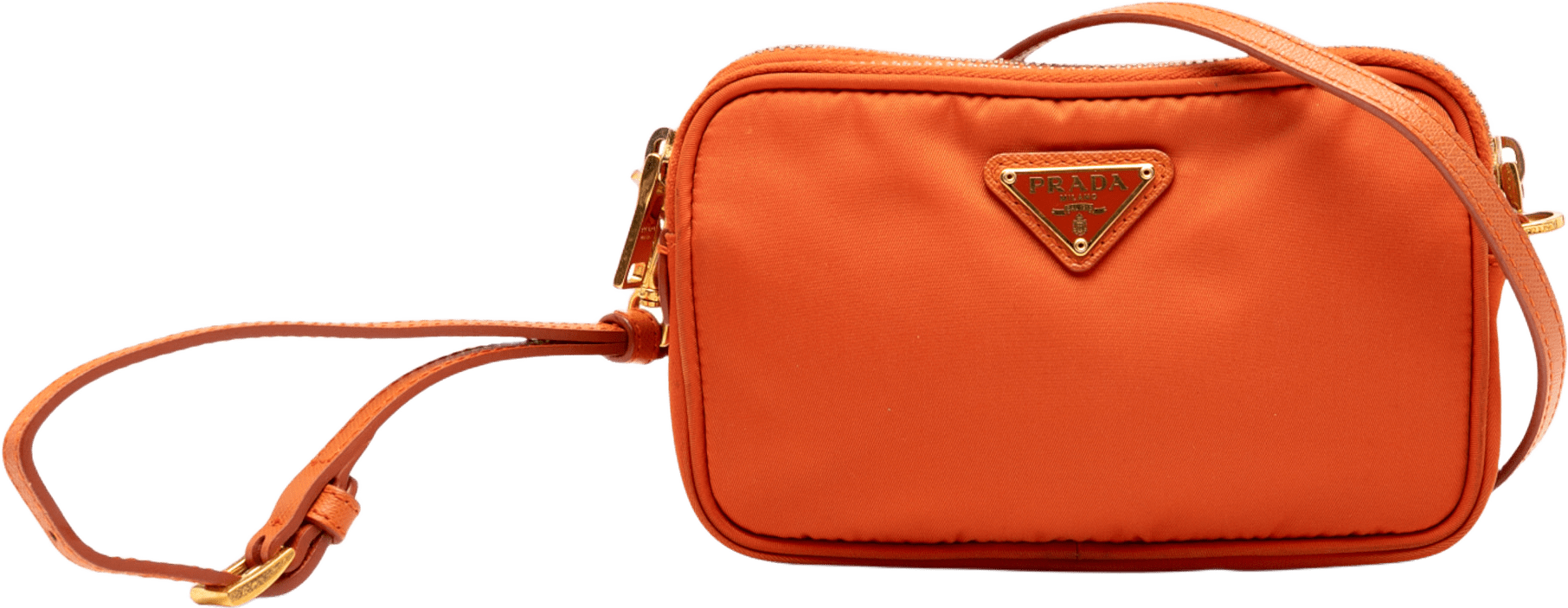Prada Mini Tessuto Double Zip Camera Bag, från Luxclusif, i färgen orange.