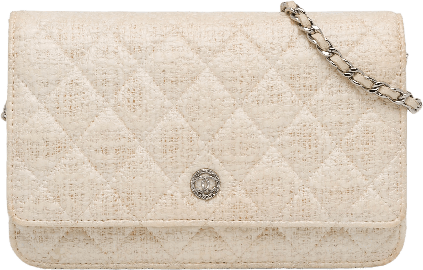 Chanel Cc Coated Tweed Wallet On Chain, från Luxclusif, i färgen beige.