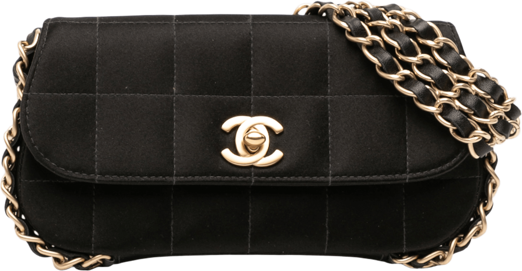 Chanel Mini Chocolate Bar Satin Triple Chain Single Flap, från Luxclusif, i färgen black.