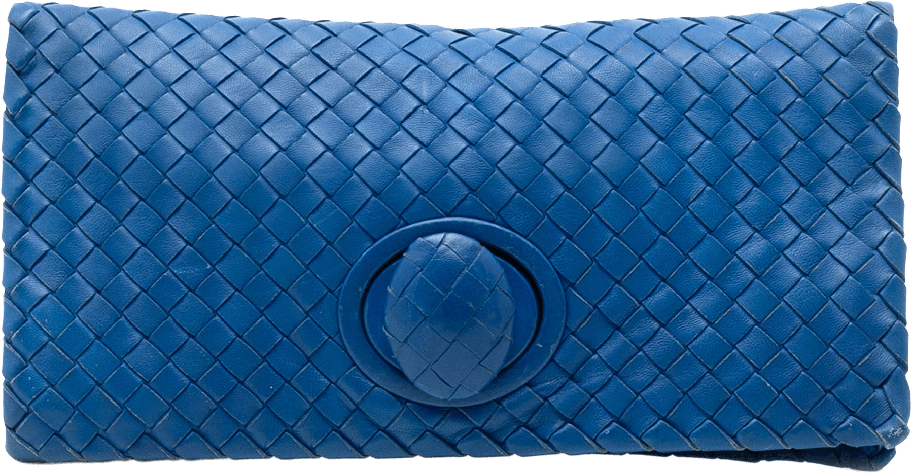 Bottega Veneta Nappa Intrecciato Turn Lock Clutch, från Luxclusif, i färgen blue.