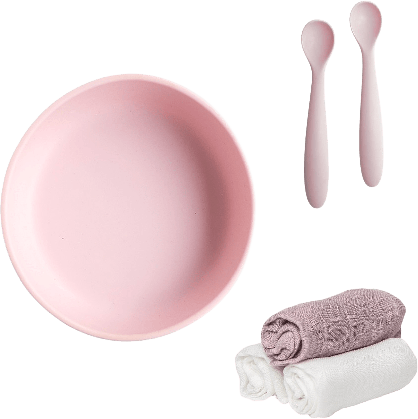 Eating Plus Bundle (plate Bowl + Spoon Set + Muslin Squares Set), från Les Enfants, i färgen rose.