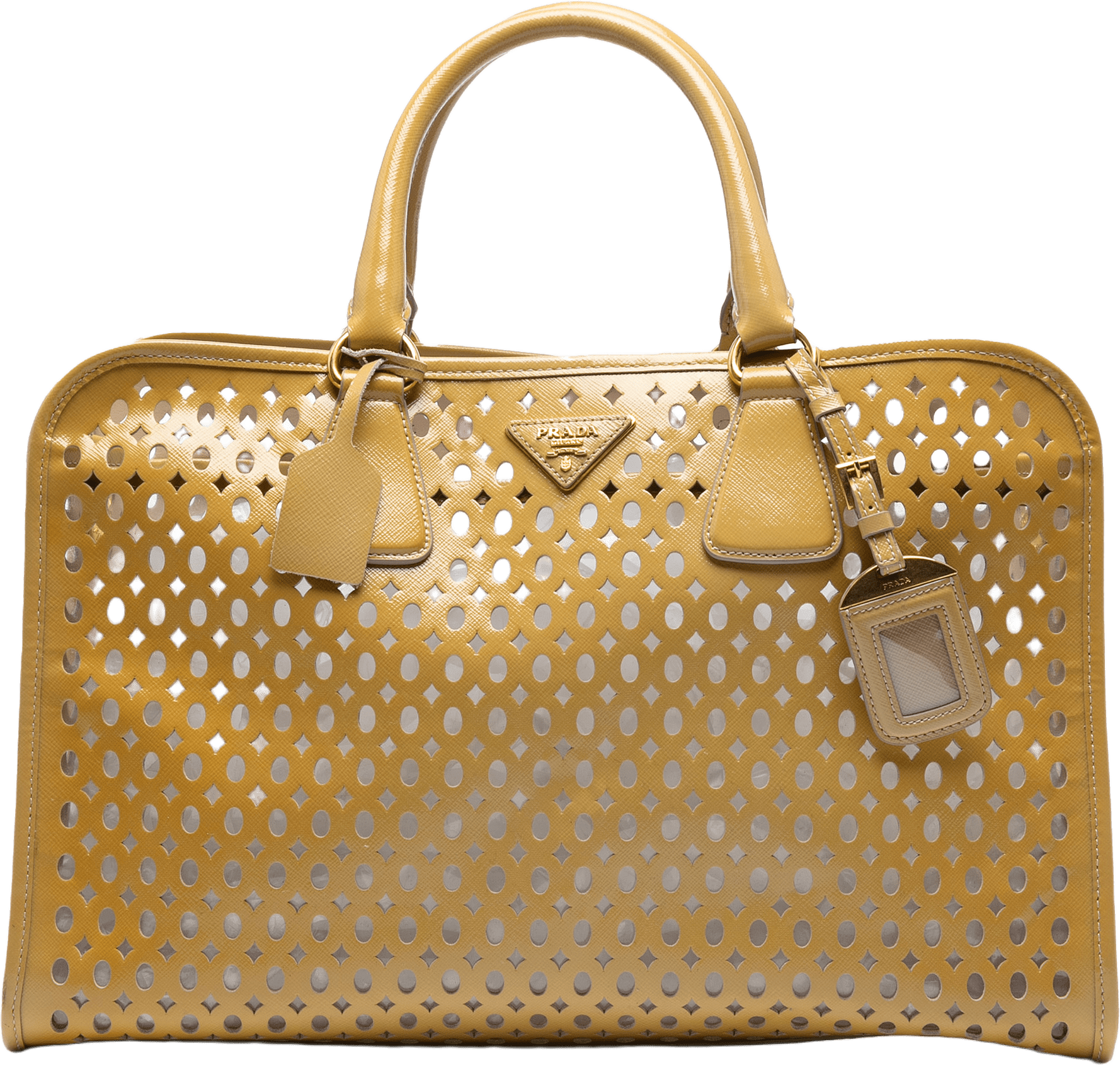 Prada Saffiano Vernice Fori Perforated Tote, från Luxclusif, i färgen mustard.