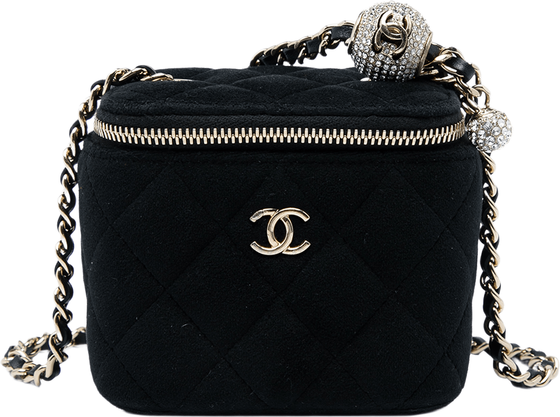 Chanel Mini Velvet Pearl Crush Vanity Case With Chain, från Luxclusif, i färgen svart.