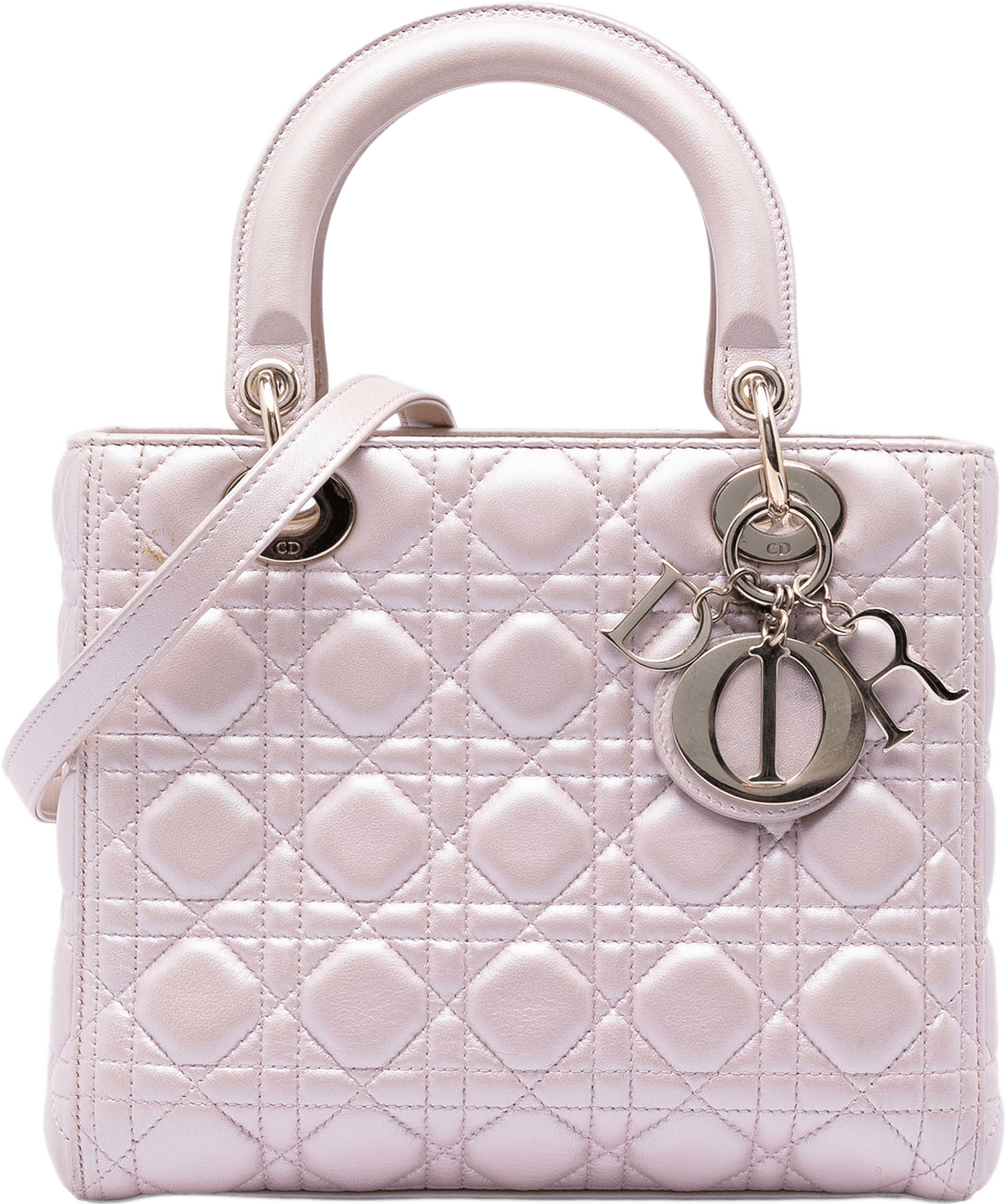 Dior Medium Pearlescent Lambskin Cannage Lady Dior, från Luxclusif, i färgen light pink.