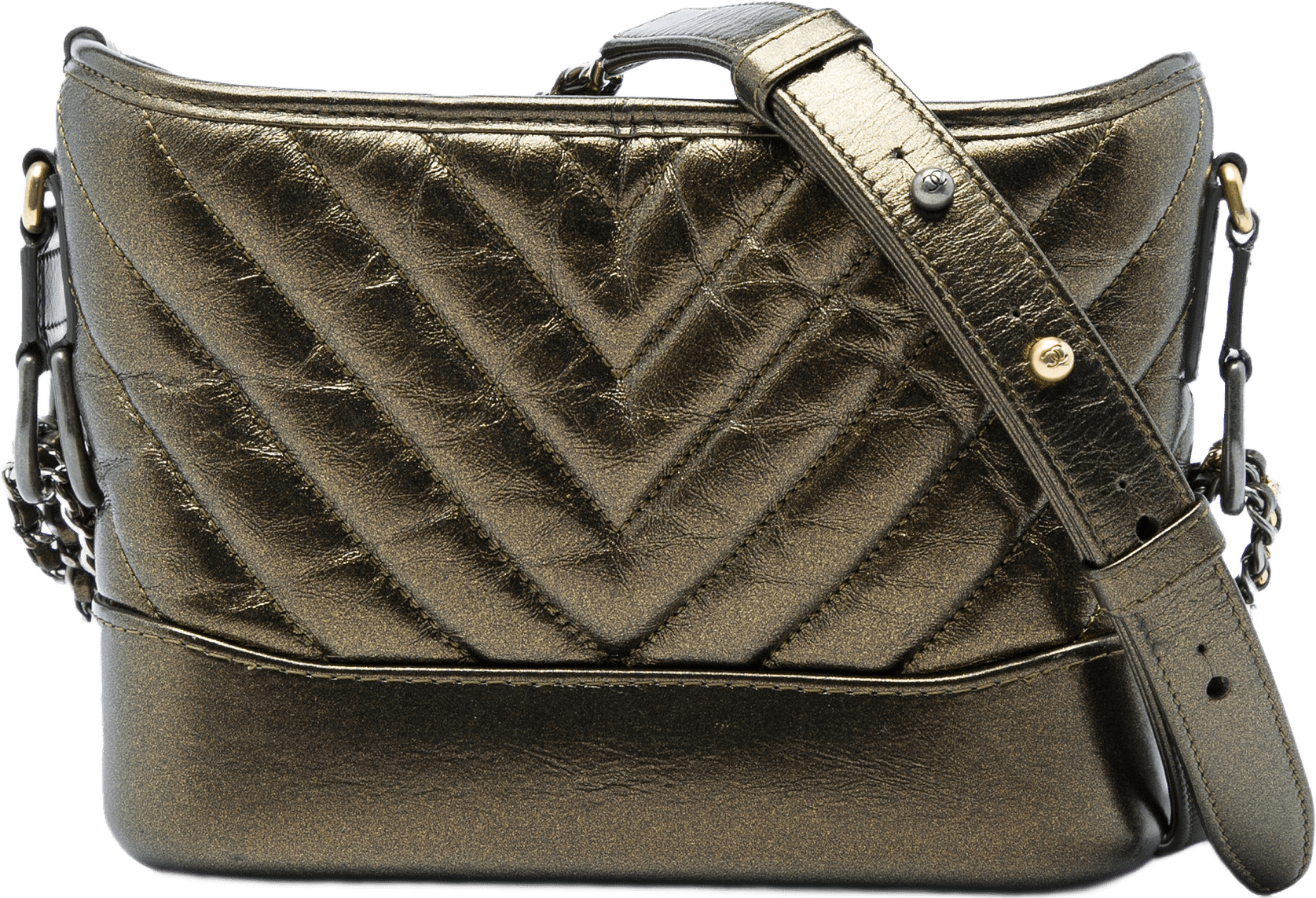 Chanel Small Chevron Quilted Metallic Aged Calfskin Gabrielle Crossbody, från Luxclusif, i färgen brun.