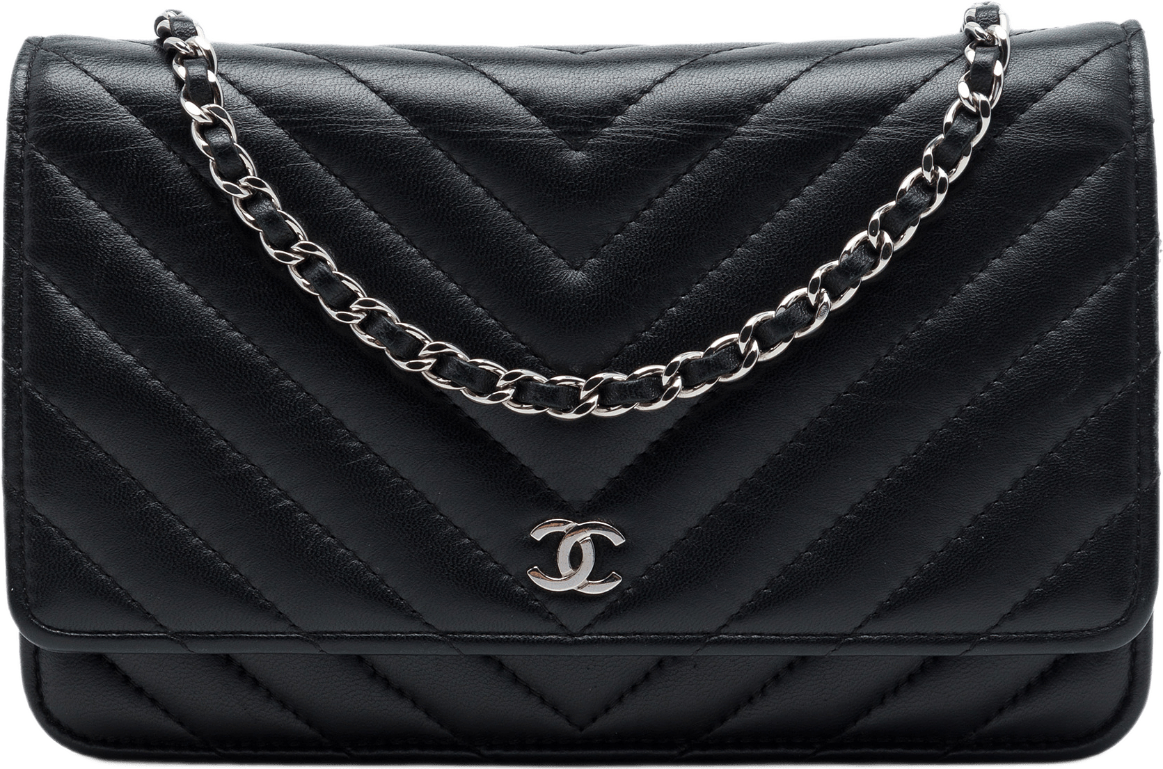 Chanel Cc Chevron Lambskin Wallet On Chain, från Luxclusif, i färgen svart.