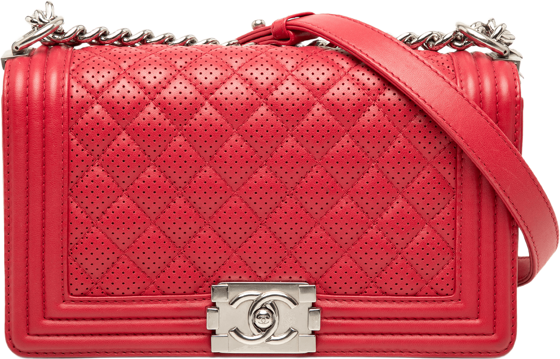 Chanel Old Medium Quilted Perforated Lambskin Boy Flap, från Luxclusif, i färgen red.