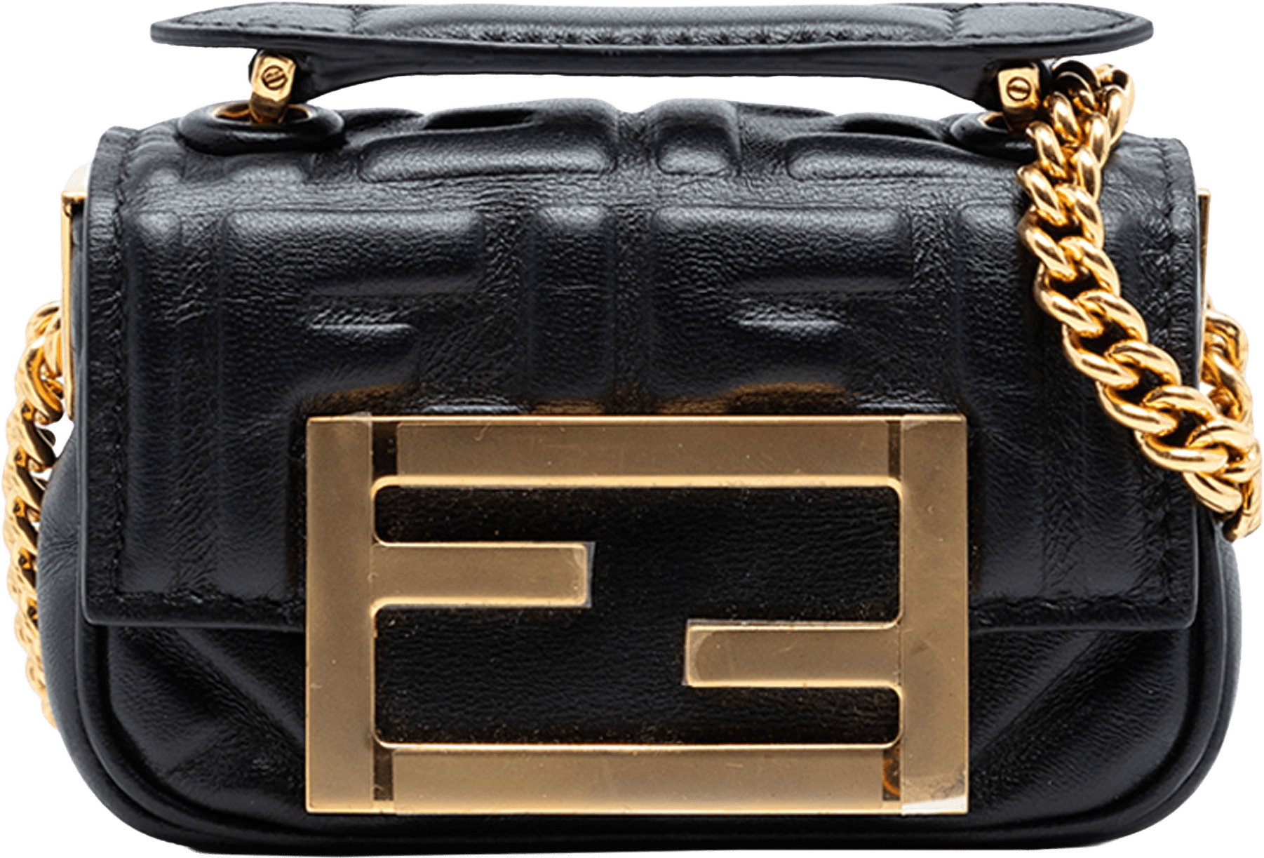 Fendi Nano Zucca Embossed Leather Baguette Chain Bag, från Luxclusif, i färgen black.