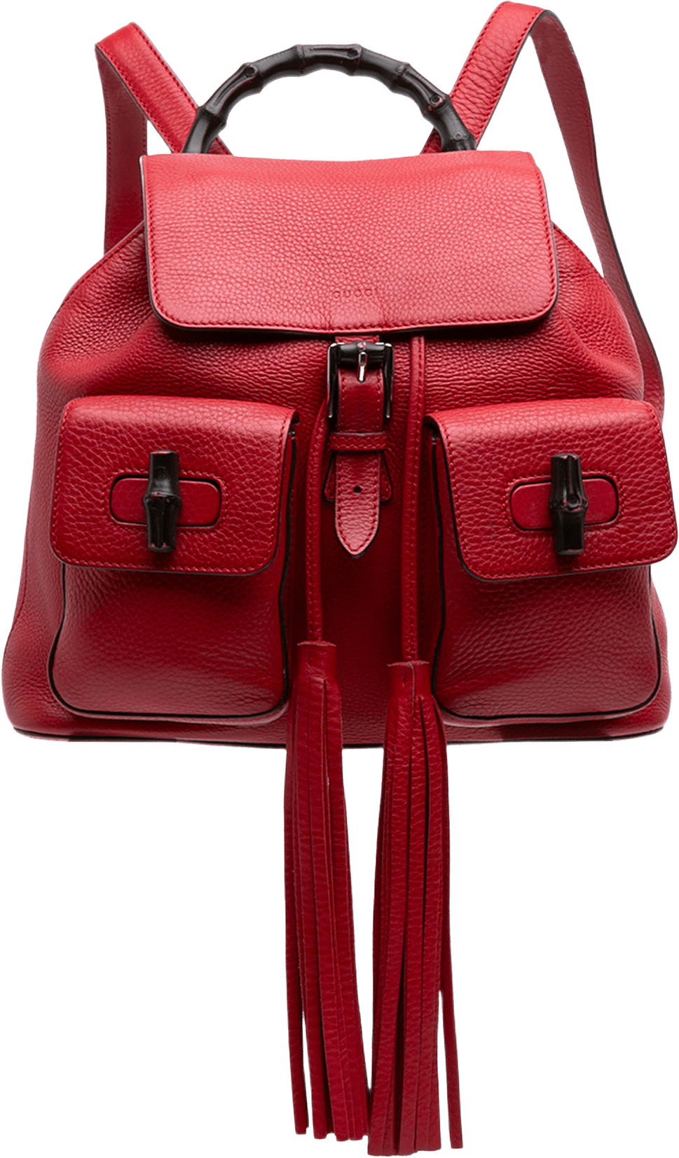 Gucci Large Calfskin Bamboo Tassel Drawstring Backpack, från Luxclusif, i färgen röd.