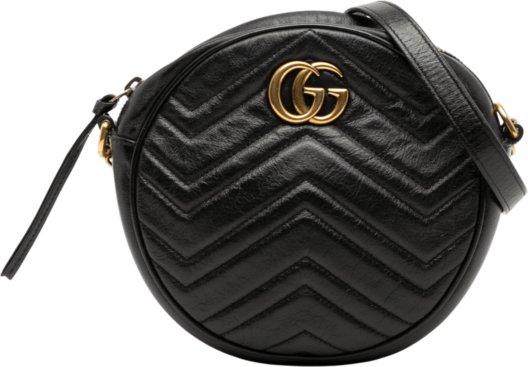 Gucci Mini Gg Marmont Matelasse Leather Round Crossbody, från Luxclusif, i färgen black.