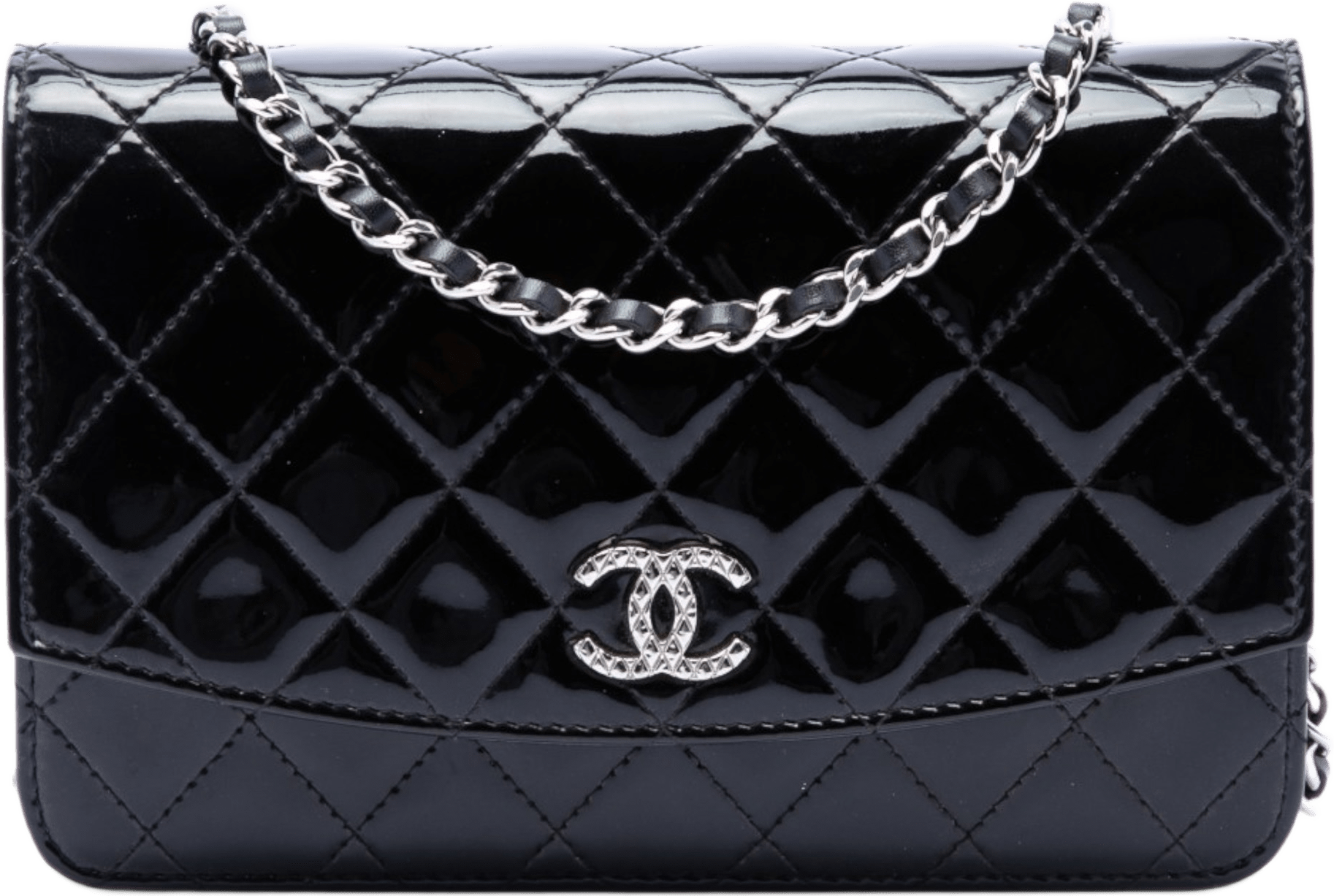 Chanel Cc Quilted Patent Brilliant Wallet On Chain, från Luxclusif, i färgen black.