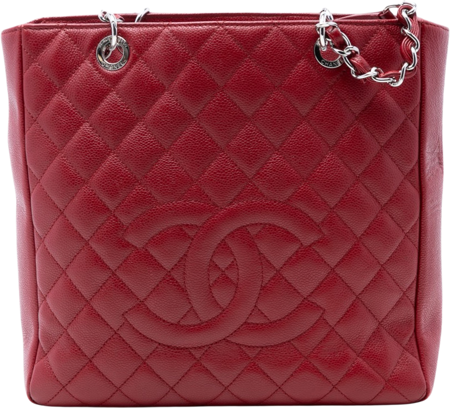Chanel Caviar Vertical Grand Shopping Tote, från Luxclusif, i färgen red.